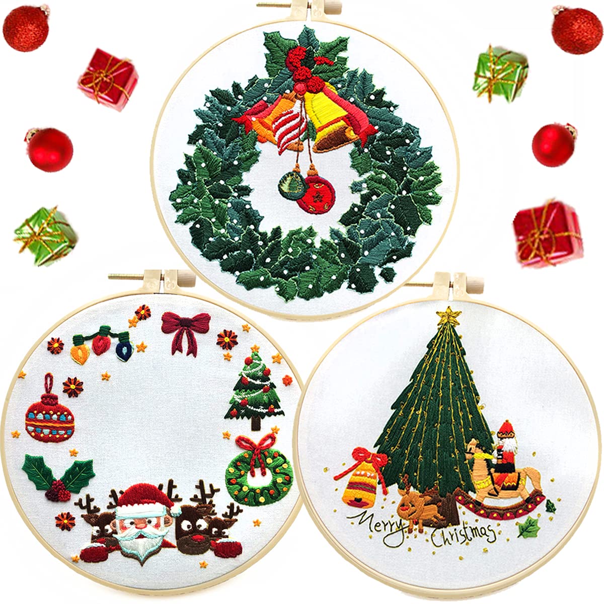 3 Pack Christmas Embroidery Kit Beginner with Patterns and Instructions,Reindeer Gingerbread Man Santa Claus X'masTree Embroidery Pack for Starter Adults Including Hoops,Needles,Color Threads