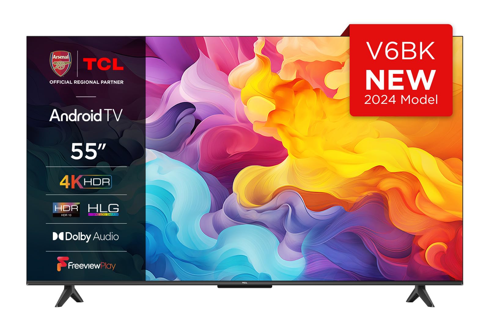 TCL 55V6BK 55-inch 4K Ultra HD, HDR TV, Smart TV Powered by Android TV (Dolby Audio, Voice Control, Compatible with Google Assistant, 2024 New Model) [Energy Class E]