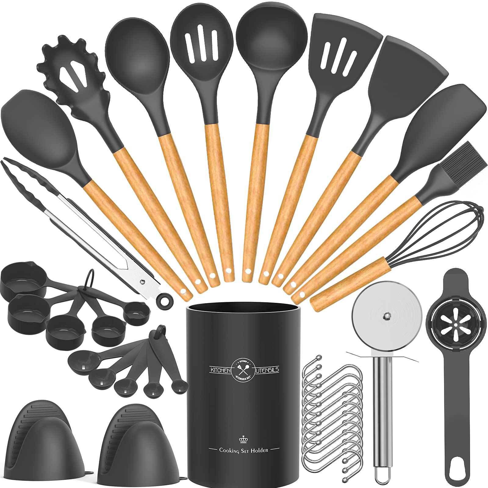 Umite Chef 36pcs Silicone Kitchen Cooking Utensils with Holder, Heat Resistant Cooking Utensils Sets Wooden Handle, Nonstick Kitchen Gadgets Tools Include Spatula Spoons Turner Pizza Cutter(Grey)