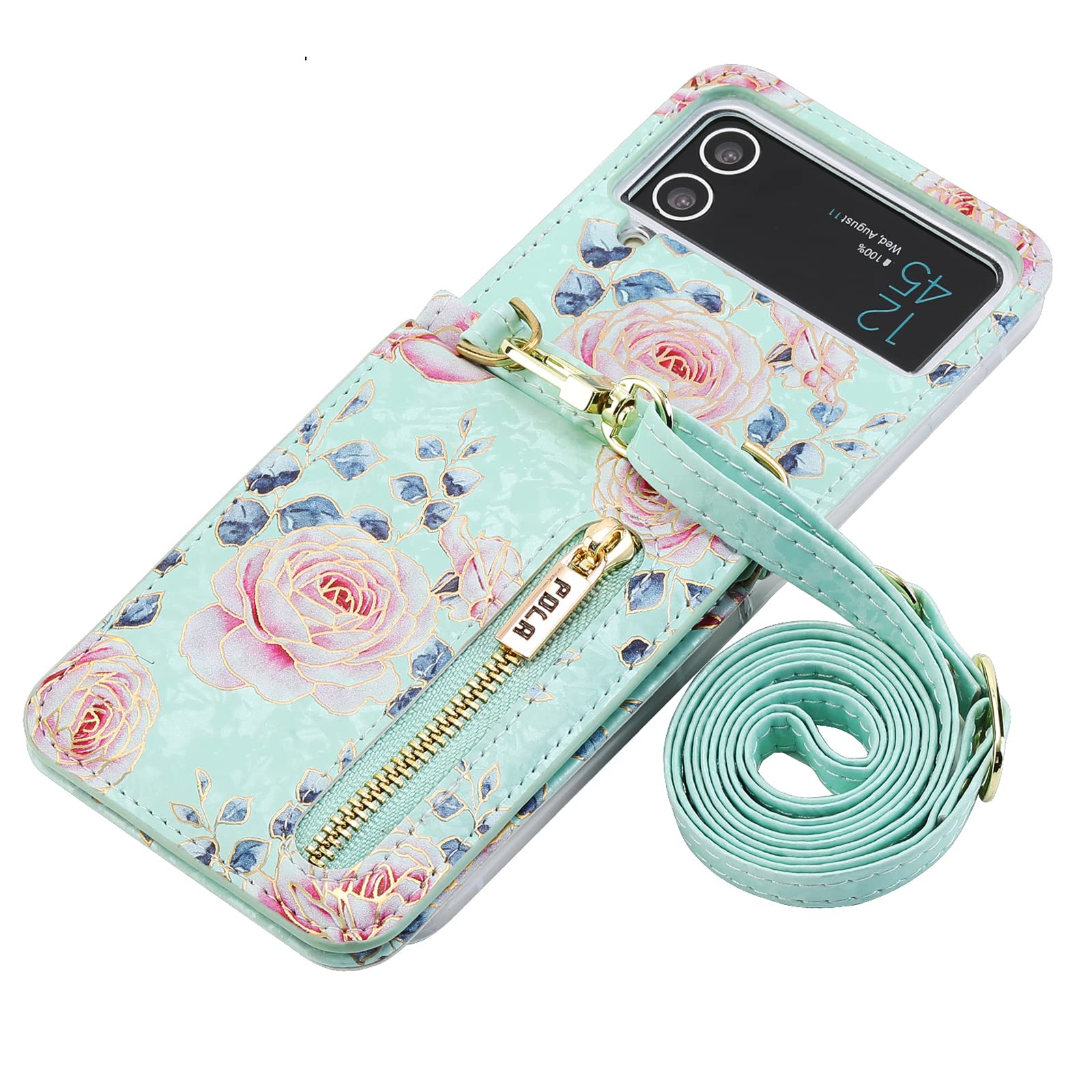 SZHAIYU Flower Wallet Purse for Samsung Galaxy Z Flip 4 5G Crossbody Case with Credit Card Holder Strap Lanyard Women Floral Kickstand Flip Leather Zipper (Green,Z Flip 4)