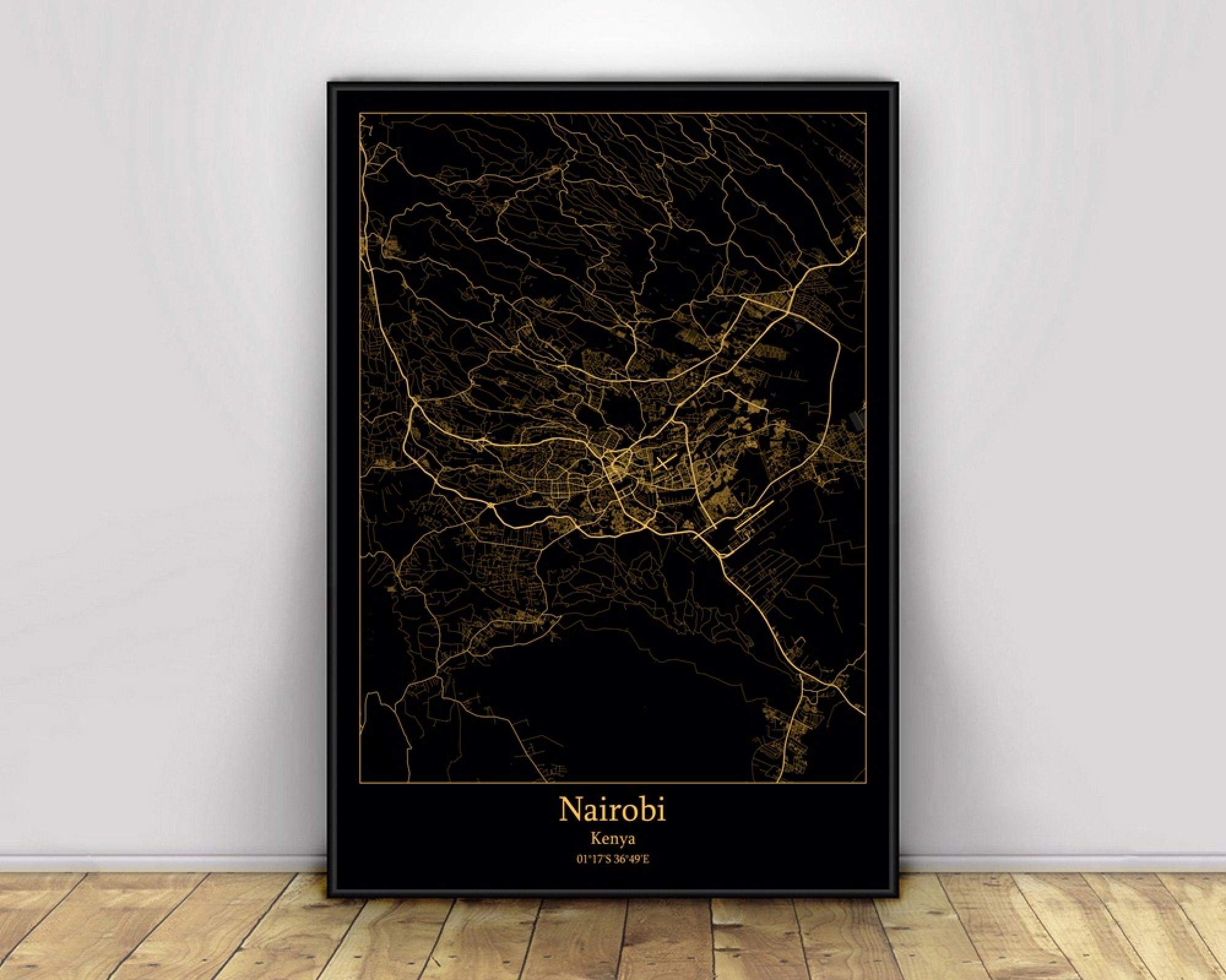 Prints Canvas, Nairobi Kenya Black&Gold City Light Maps Custom World City Map Posters Canvas Prints Nordic Style Wall Art Home Decor 60X90CM