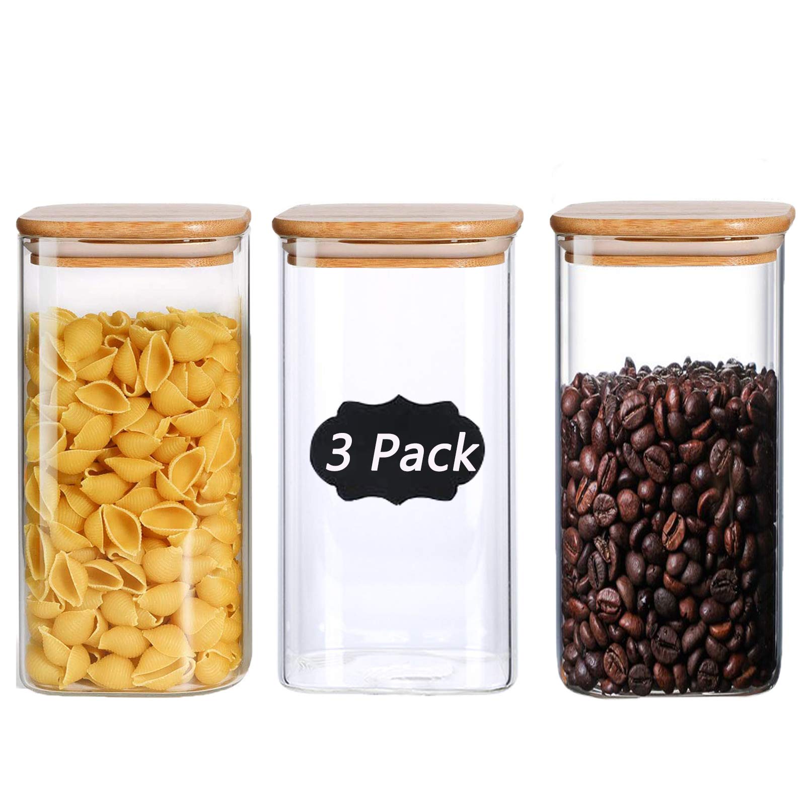 1500ml Glass Jars with Bamboo Lids, 3pcs Air Tight Kitchen Food Cereal Containers for Storage,Canister Set for Jam Pasta Spaghetti Tea Coffee Beans Cookie Snack Flour