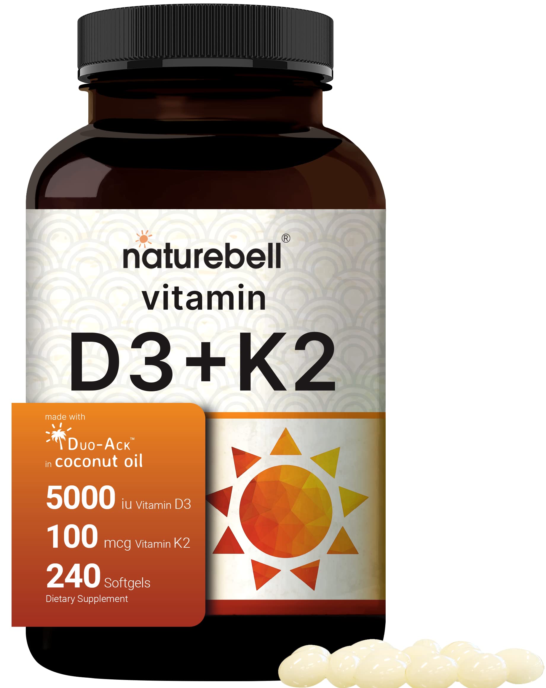 NatureBell Vitamin D3 K2 (MK7) with Virgin Coconut Oil, 240 Softgels, Vitamin D3 5000 IU & K2 MK7 100mcg, 2 in 1 Support, Duo-Ack | 8 Months Supply | Third Party Tested, Non GMO & No Gluten