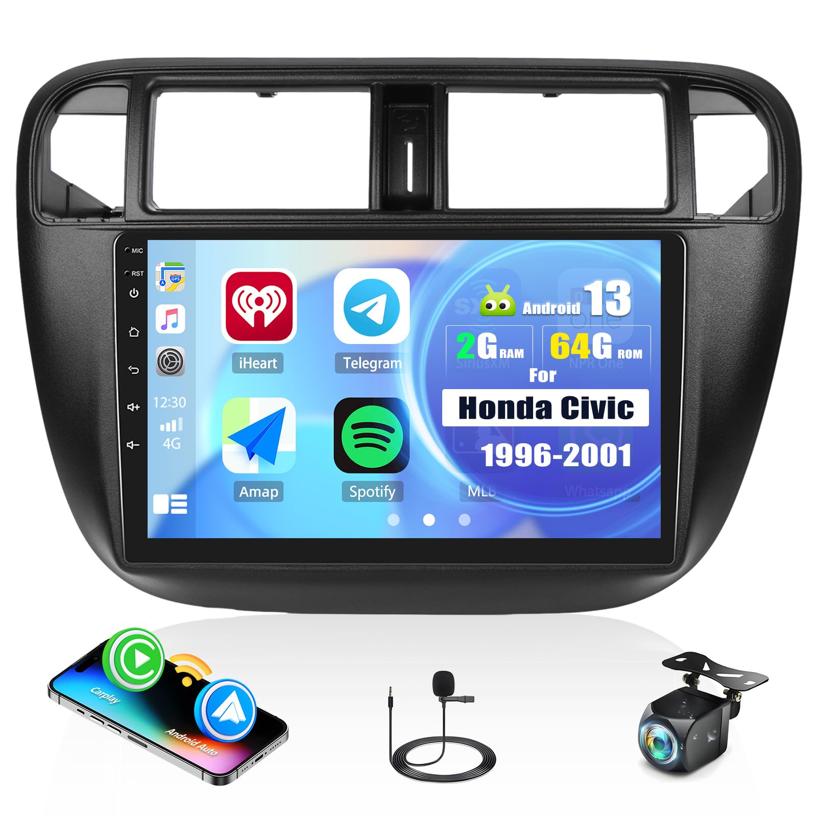 AMprime [2+64G] Android 13 Car Stereo for Honda Civic 1996-2001 with Wireless Carplay&Android Auto,9 Inch Touch Screen Car Radio with Bluetooth FM/RDS Radio HiFi EQ WiFi GPS Dual USB+Backup Camera