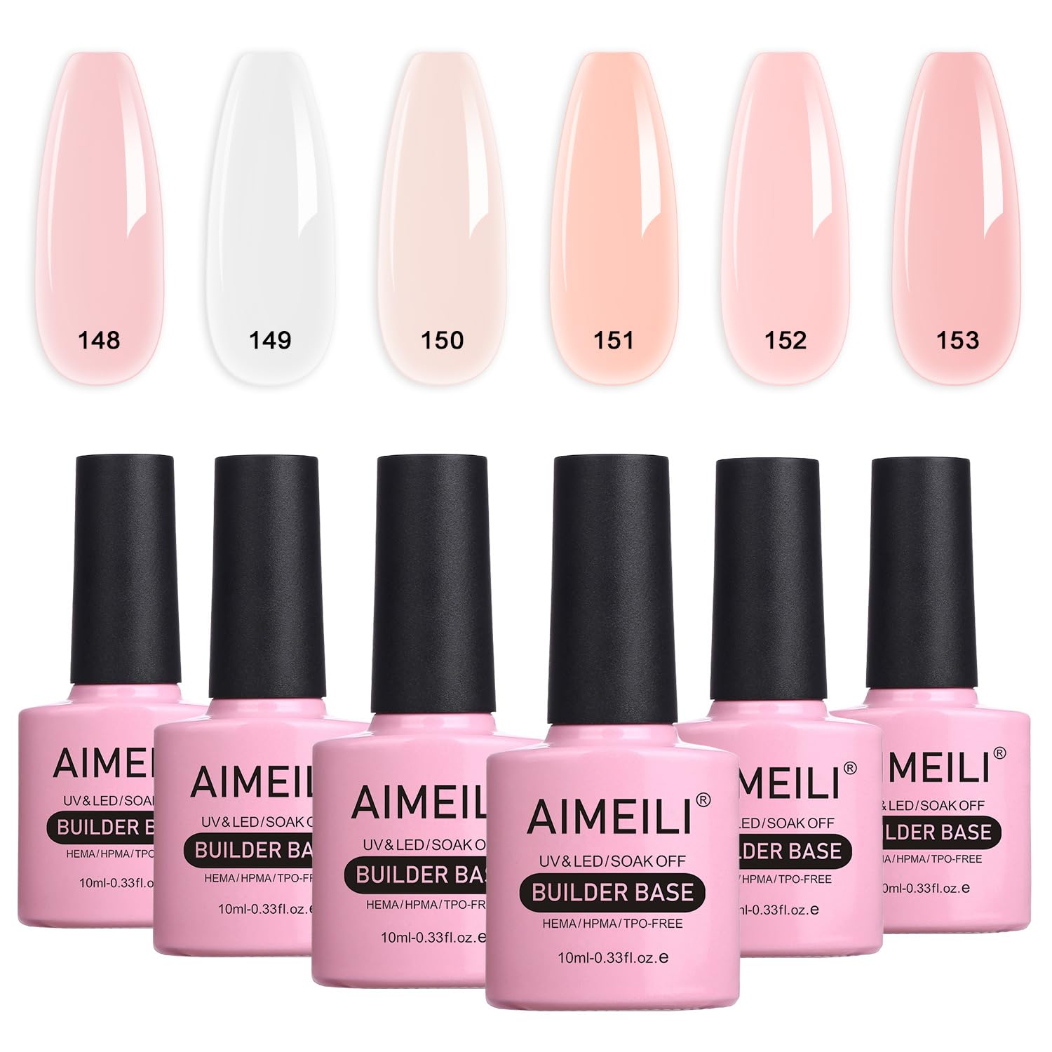 AIMEILI Hema-Free 8 in 1 Builder Nail Gel Set, Sheer Color Builder Base Nail Strengthening Gel Nail Extension Glue Gel in a Bottle, UV LED Gel Polish 6pcs X 10ml - Gift Kit 36