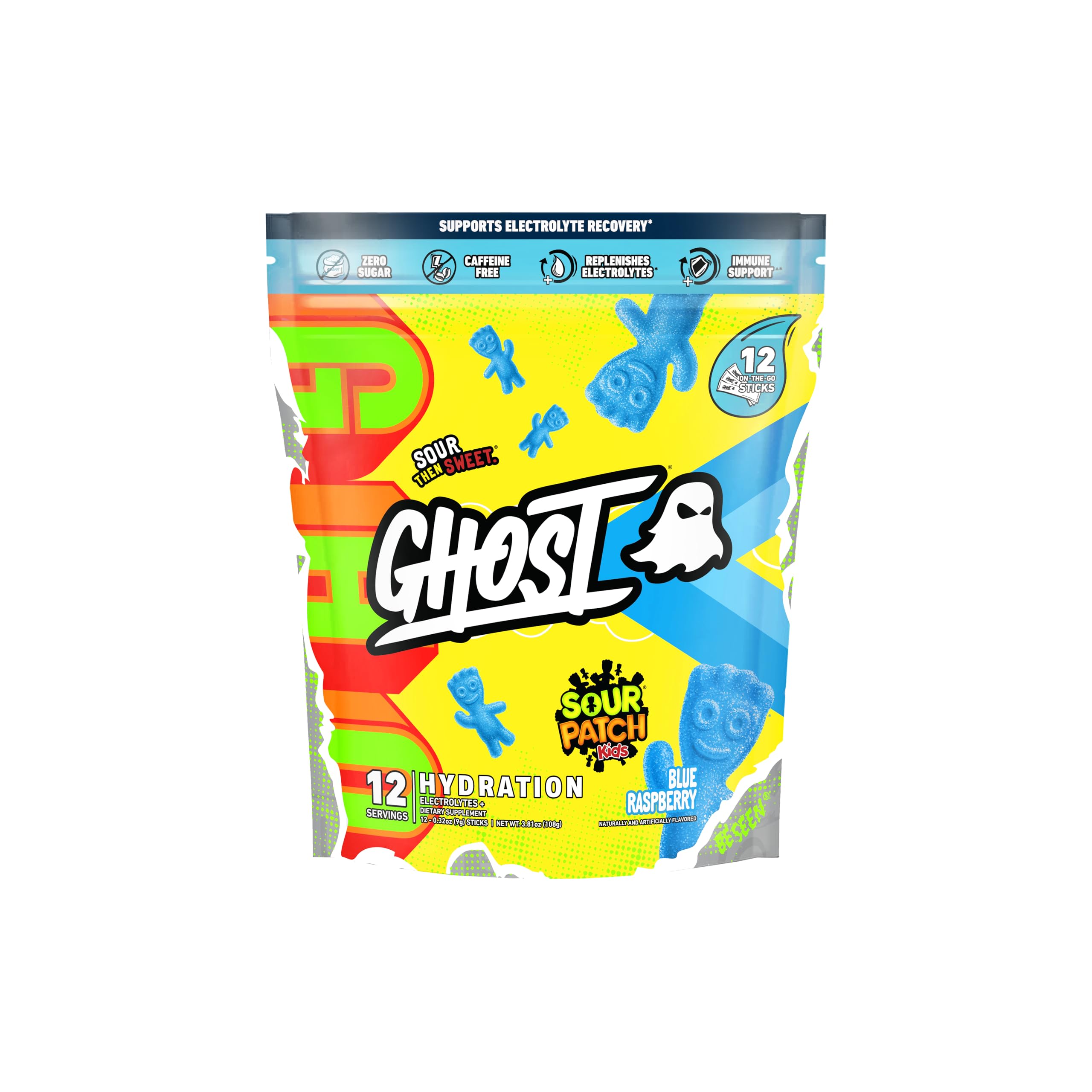 GHOST Hydration Packets, Sour Patch Kids Blue Raspberry, 12 Sticks, Electrolyte Powder - Drink Mix Supplement with Magnesium, Potassium, Calcium, Vitamin C - Vegan, Free of Soy, Sugar & Gluten