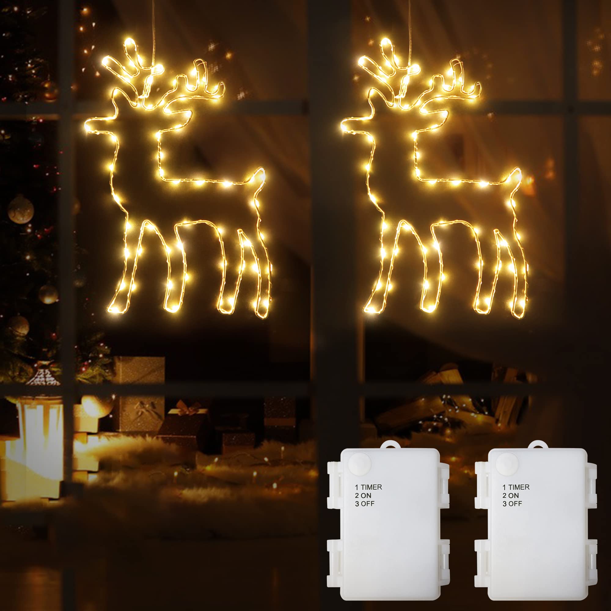 DreiWasser Christmas Window Lights Battery Operated, 2 Pack 120 LED Christmas Elk Decorations Warm White Light with 39.4 Inches Power Cord and Timer for Xmas Party Patio Porch Indoor