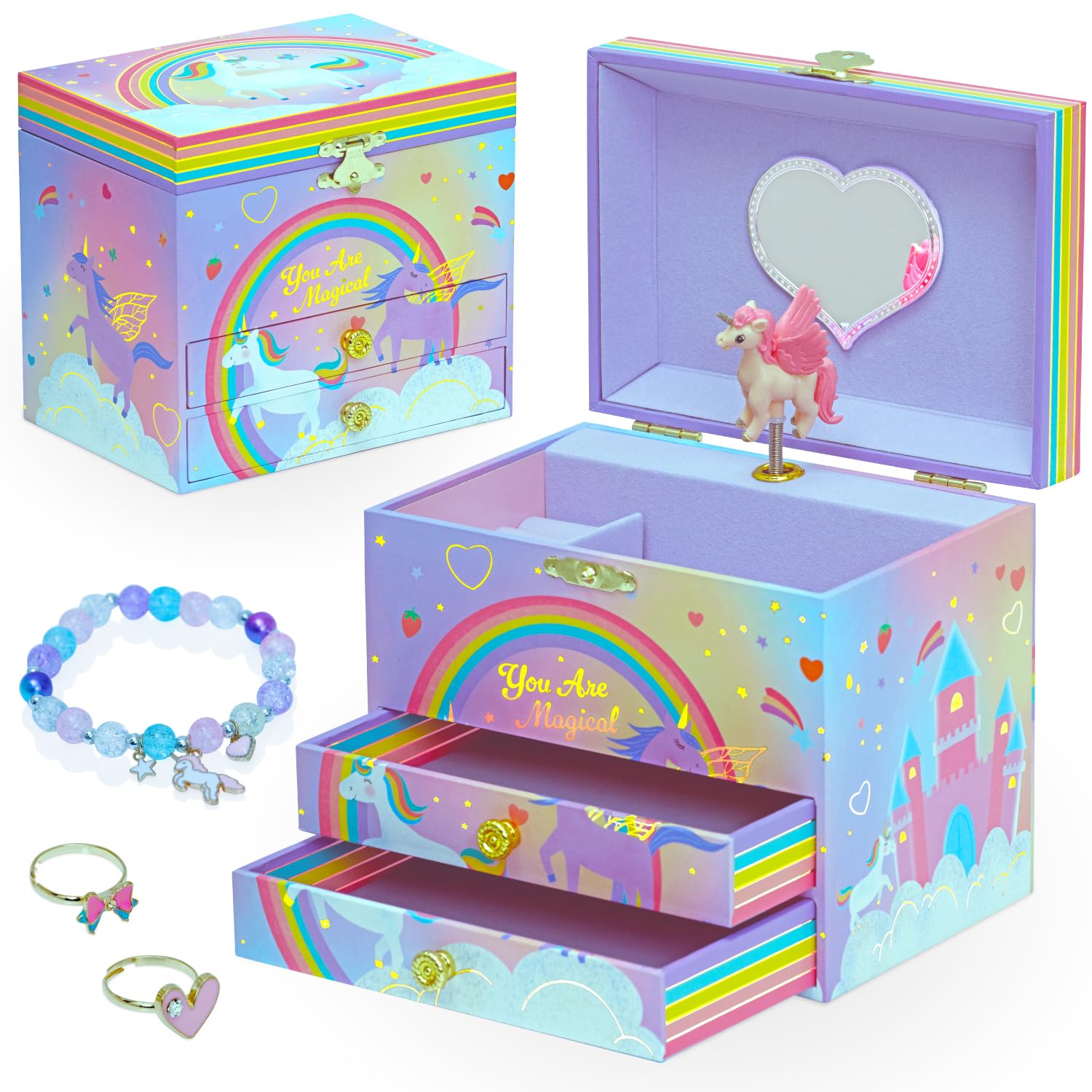 Style Girlz Musical Jewellery Box - Unicorn Jewellery Box For Girls - Large Kids Jewellery Music Box With 2 Pullout Drawers - Includes Unicorn Jewellery Bracelet & Rings - Birthday Gifts For Girls