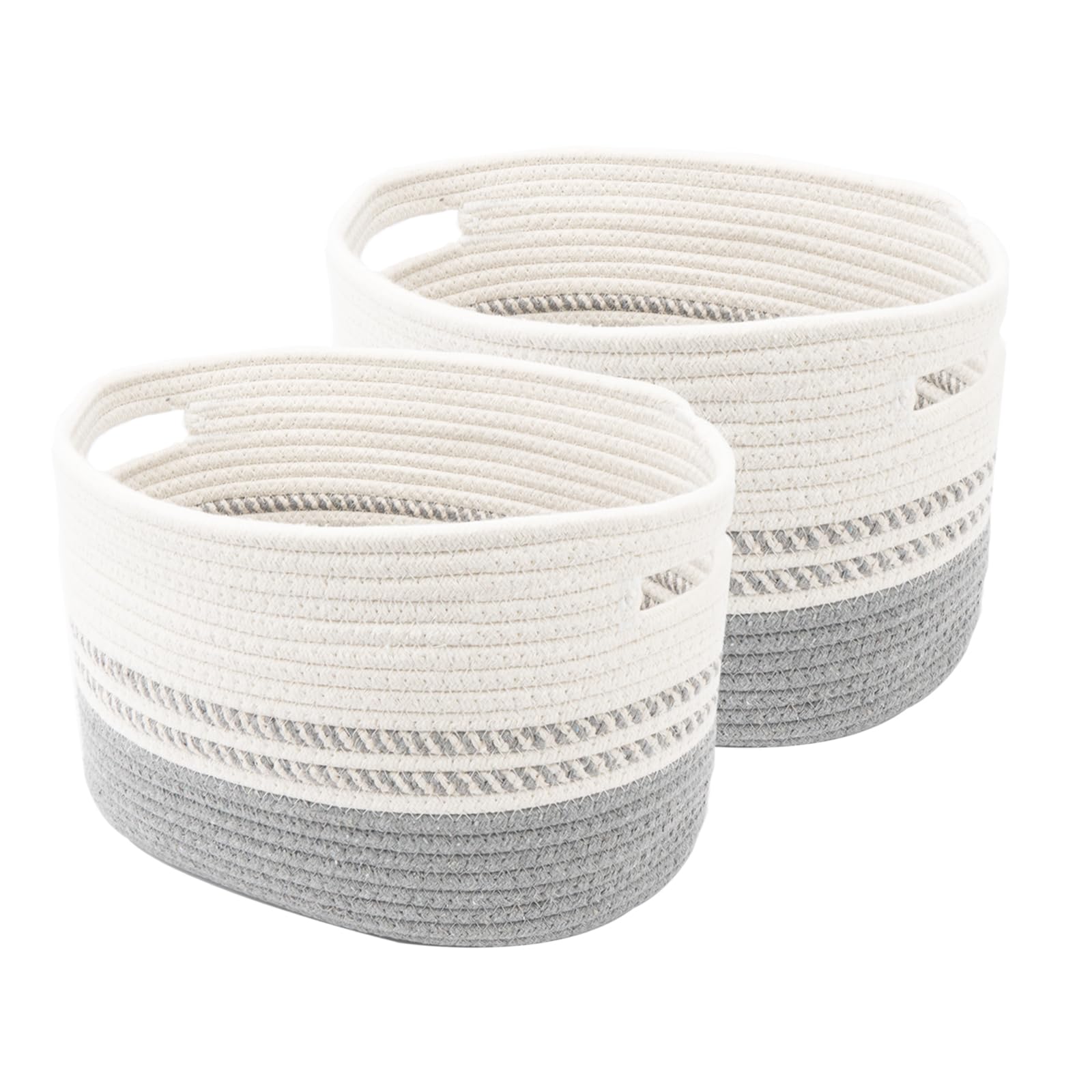 Kriovoa 2 Pack Woven Storage Baskets, Cotton Rope Storage Baskets for Shelves, Small Toy Storage Baskets, Baskets for Towel, Nursery Baskets for Organizing, Book Baskets with Handles, Grey and White.