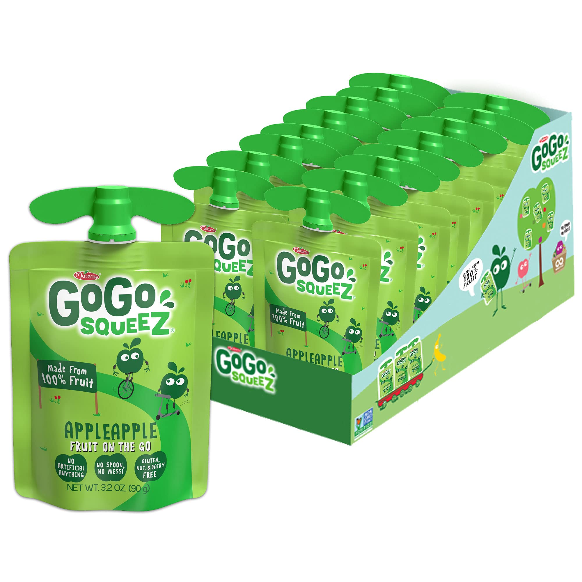 GoGo SqueeZApplesauce and Fruit Puree, Apple Apple, 3.2 oz (Pack of 18), Unsweetened Fruit Snacks for Kids, Gluten Free, Nut Free and Dairy Free, Recloseable Cap, BPA Free Pouches