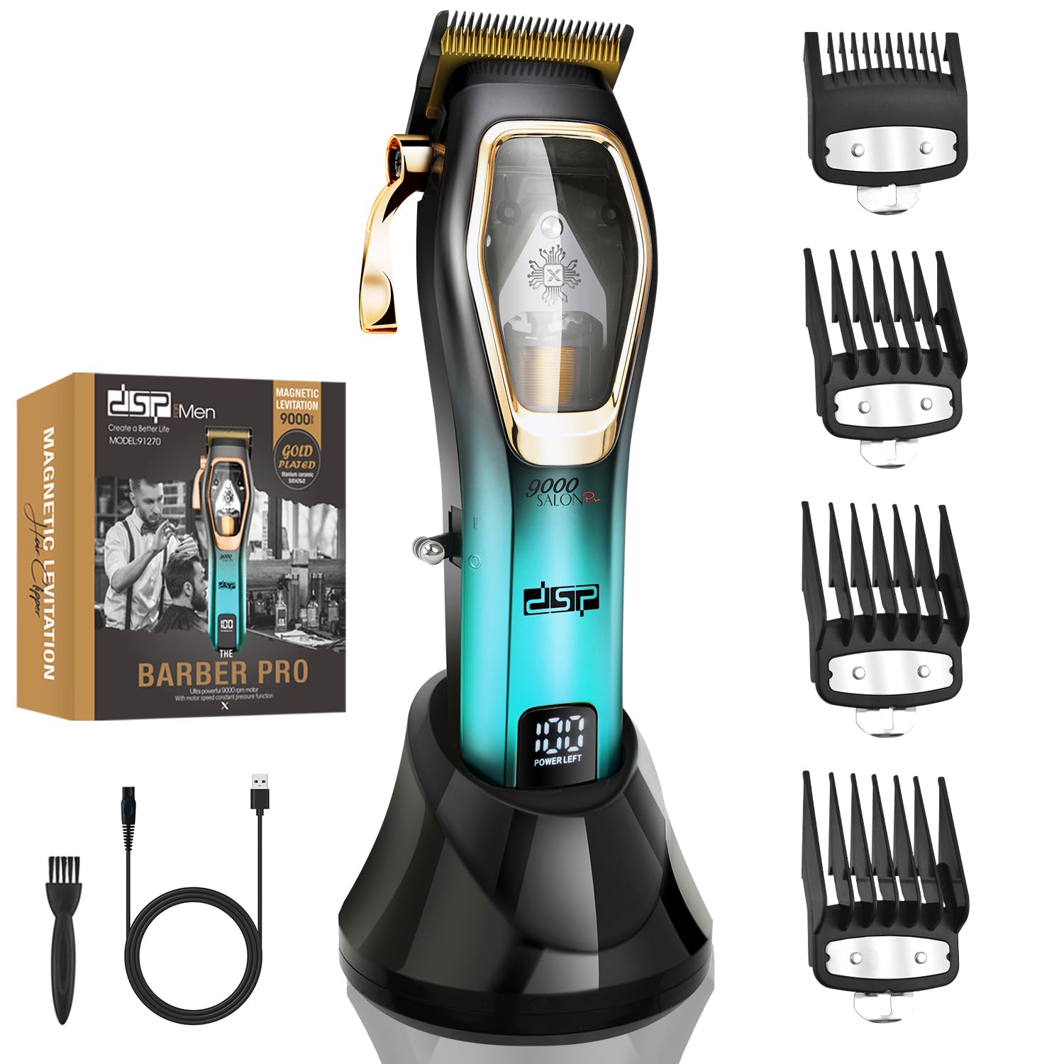 DSP Pro Barber Hair Clippers Set: Cordless Magnetic 9000 RPM, Constant Speed Control for Smooth Cutting. Ceramic Blades, 2500mAh Battery, Low Noise & Heat - Ideal for Men's Grooming & Fades (Blue)