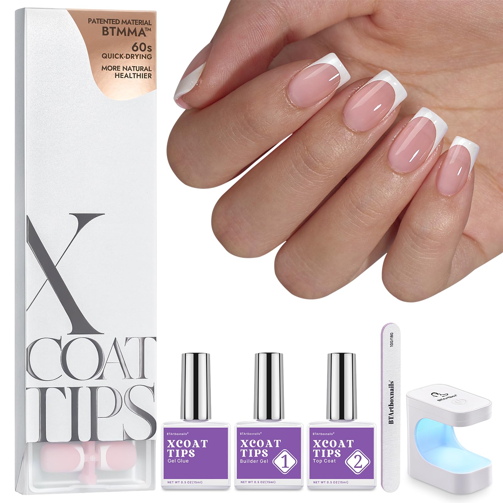 BTArtboxnails XCOATTIPS Gel Nail Kit - Short Squre French Tip Press on Nails Kit, Pink Soft Gel Nail Tips with Nail Gel, French Protecing Duo and Nail Lamp