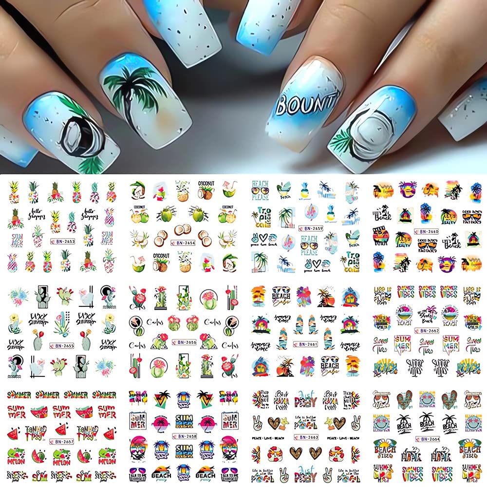 Summer Vibes Nail Art Stickers Sea Beach Style Water Transfer Nail Decals for Nail Art Supplies Tropic Fruit Cactus Pattern Acrylic Designer Nail foils Stickers for Women Girls DIY Manicure Tips 12 Sheets