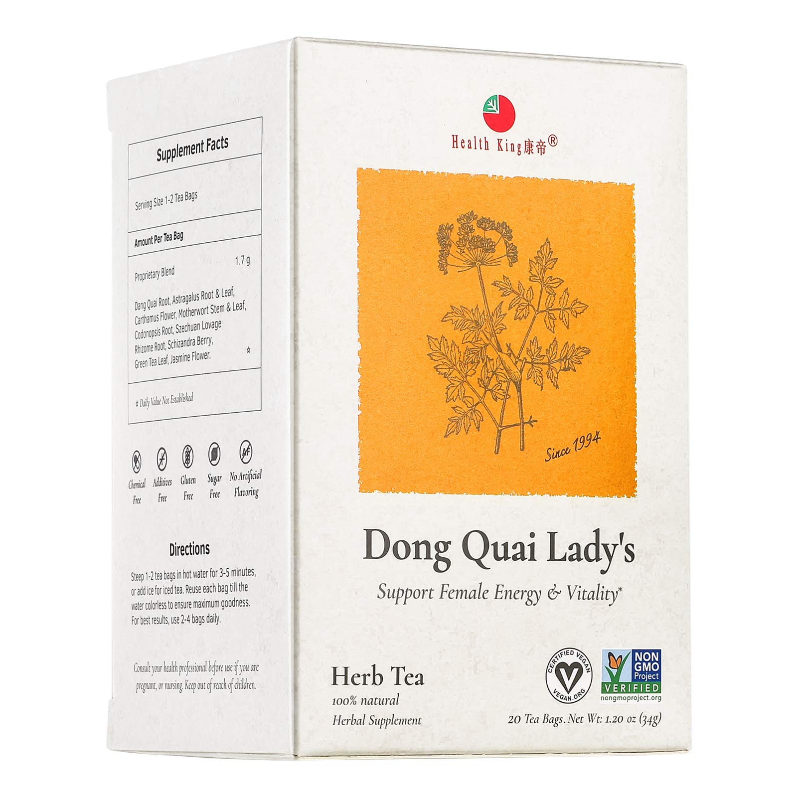 Health King Dong Quai Lady's Herb Tea, Teabags, 20 Count Box