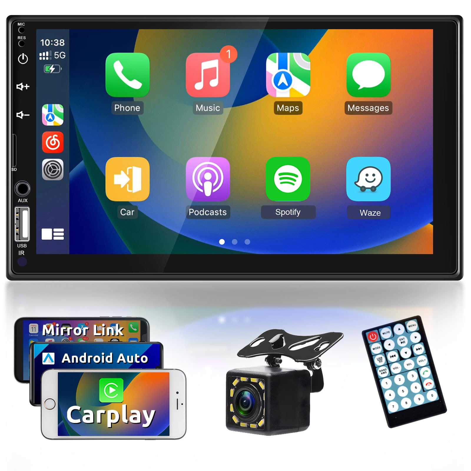 7 Inch Double Din Car Stereo CarPlay & Android Auto, HD Touch Screen Car Radio Receiver with Mirror Link, Bluetooth, Backup Camera, Remote, FM, USB AUX RCA 2 Din CarPlay Car Audio Hodozzy