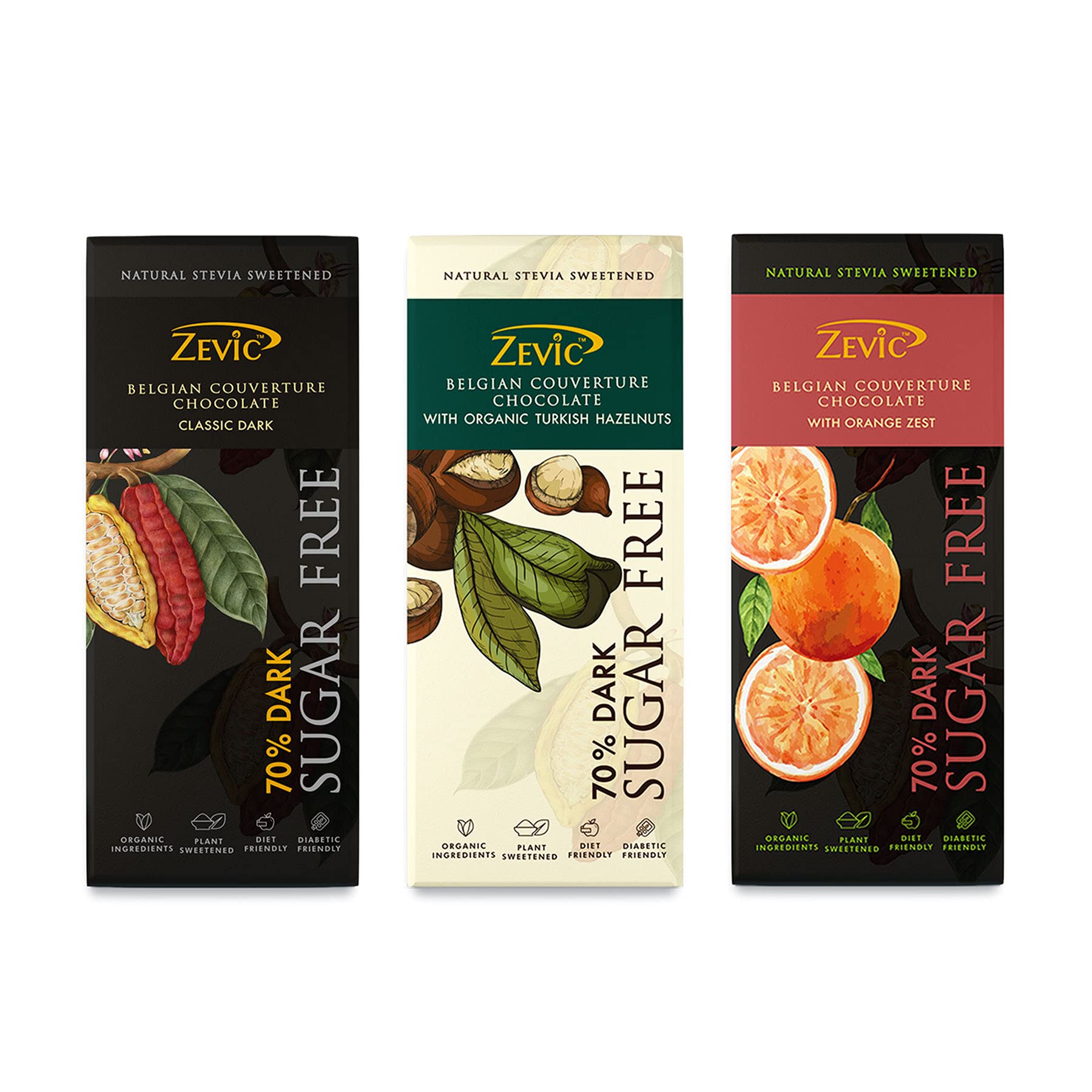 Zevic Belgian Sugar Free Chocolates Combo Pack | Natural Stevia Chocolates Bars Pack | Keto Dark Chocolates | Assorted Chocolates Combo Pack, 40 grams (Pack of 3)