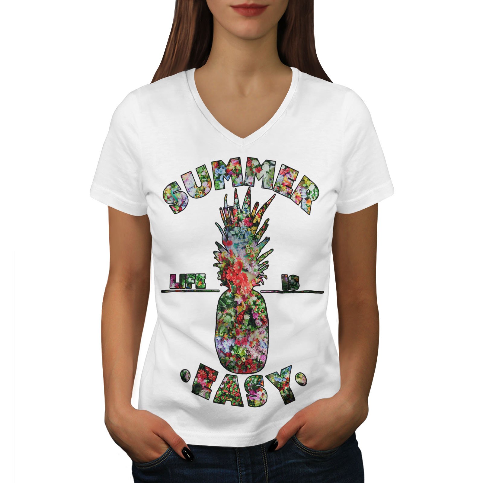 Easy Life Pineapple Womens V-Neck T-Shirt, Summer Casual Design Tee 9099