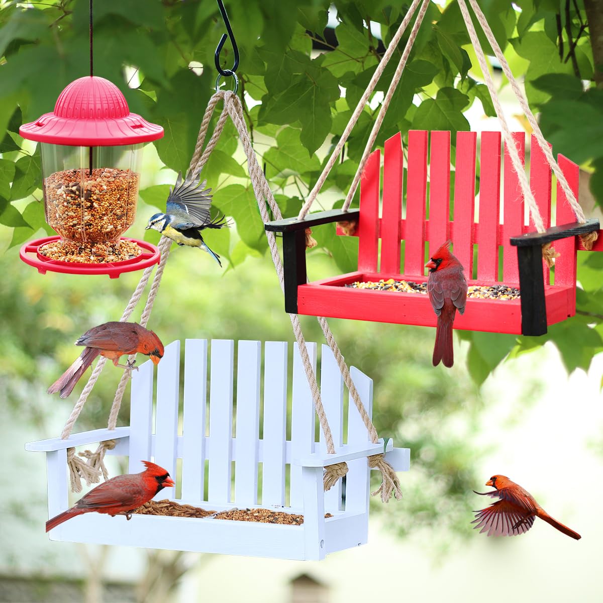 4Pk Alaskan Western Red Cedar Swing Bird Feeders for Outdoor, Wood Bird Feeders for Outdoors Hanging, Premium Stainless Mesh Weatherproof & Jute Hanger, Attracting for Wild Birds