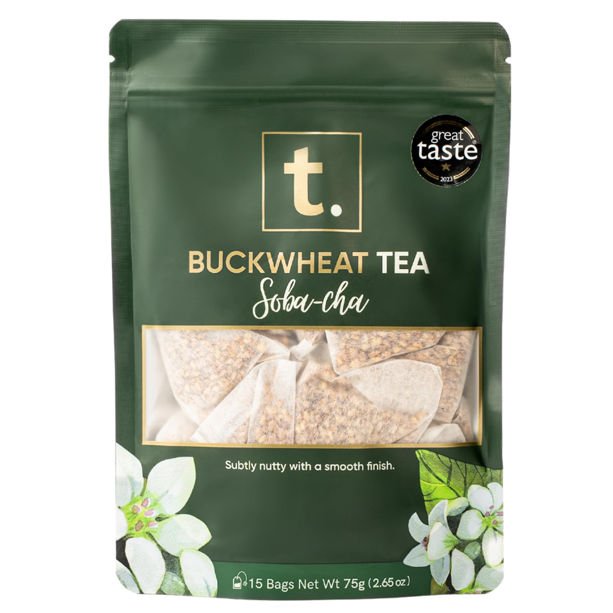 T. Buckwheat TeaHerbal Tea, Caffeine-Free, Gluten-Free, Keto-Friendly, Soba-cha, Smooth & Nutty Flavour, Premium Quality, 15 Biodegradable Tea Bags, 3x Use