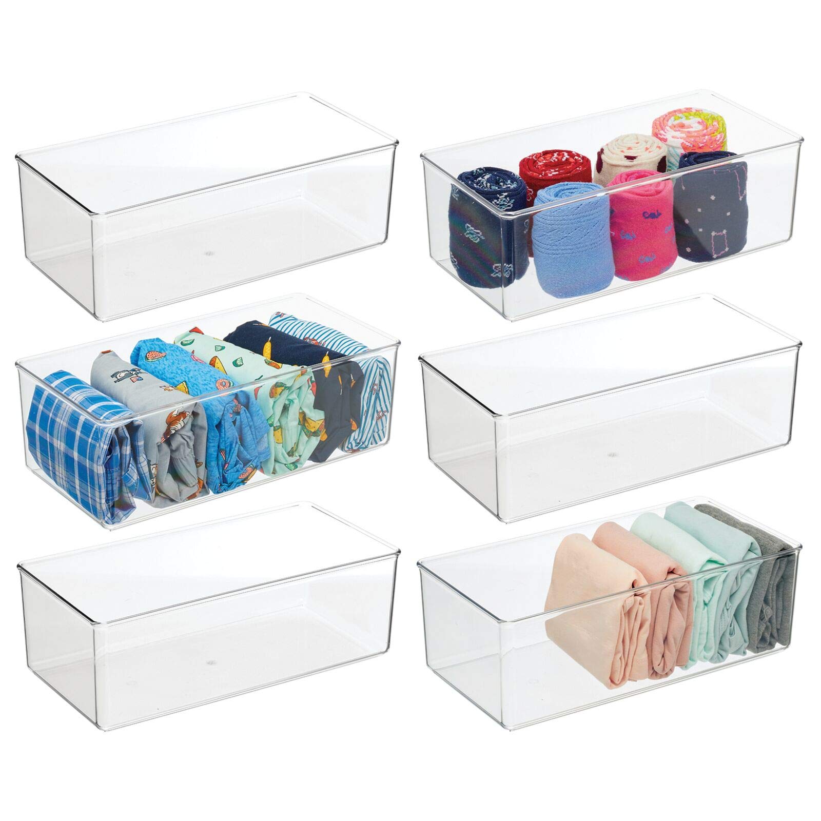 mDesign Long Plastic Drawer Organizer Box, Storage Organizer Bin Container; for Closets, Bedrooms, Use for Leggings, Socks, Ties, Jewelry, Accessories - Lumiere Collection - 6 Pack - Clear