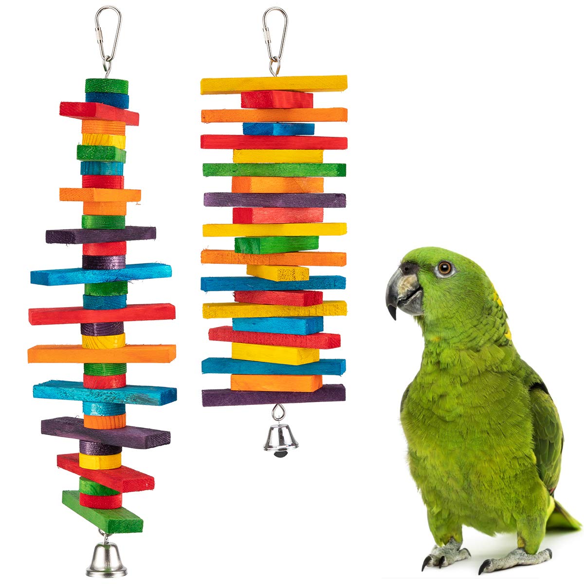 MEWTOGO 2Pcs Bird Toys - Parrot Toys with Multicolored Natural Wooden Blocks, Bird Chewing Sticks Toys for Conures Parakeets Cockatiels Lovebirds African Grey Macaws Amazon Parrots