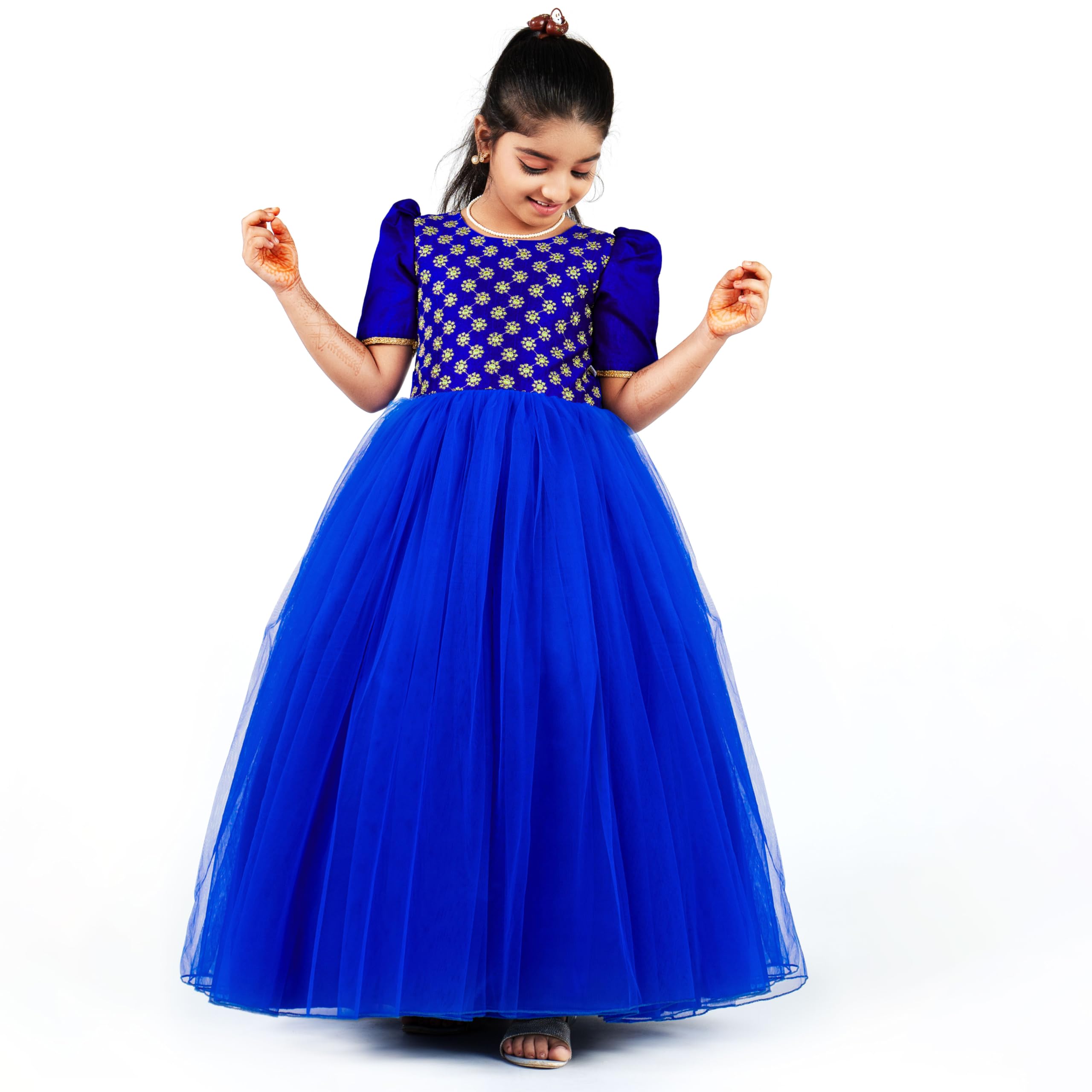 Stanwells KidsGirls Shade Premium Embroider Maxi Full Length Frock Ruffle Pattern Back Zipper Beautiful Puff Cap Sleeve Baby Girls Silk Birthday Perfect Long Gown Dress Frock Royal Blue (5-6 Years)