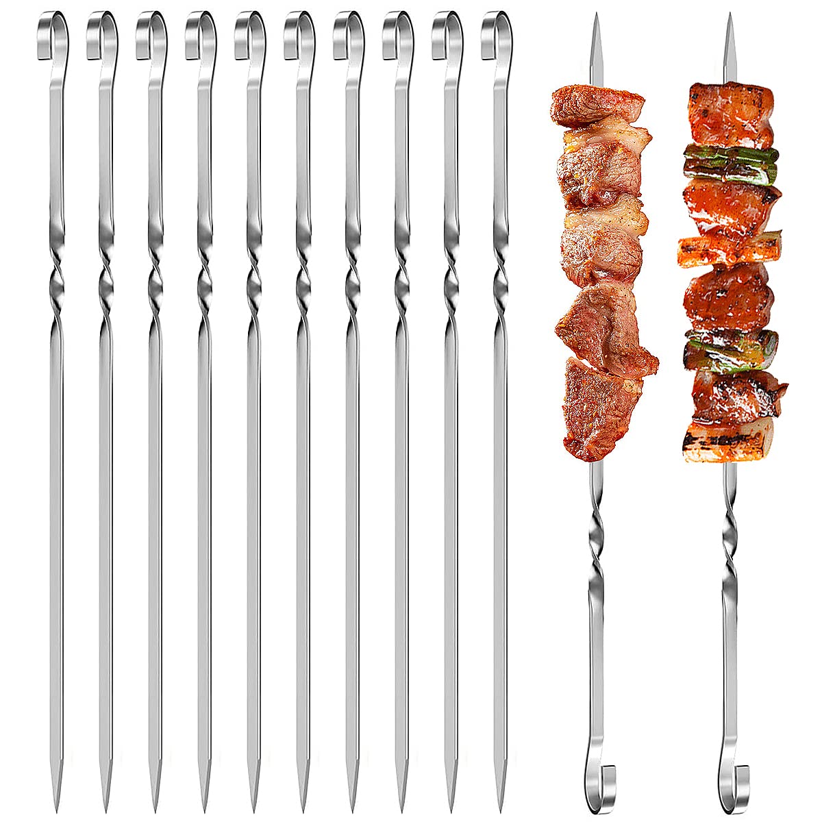 12 PCS Kebab Skewers Stainless Steel Metal BBQ Skewers Food Grade Reusable Flat Skewers for Outdoor Barbecues, Family Gatherings, Oven, Camping Cooking - 30cm - Dishwasher Safe