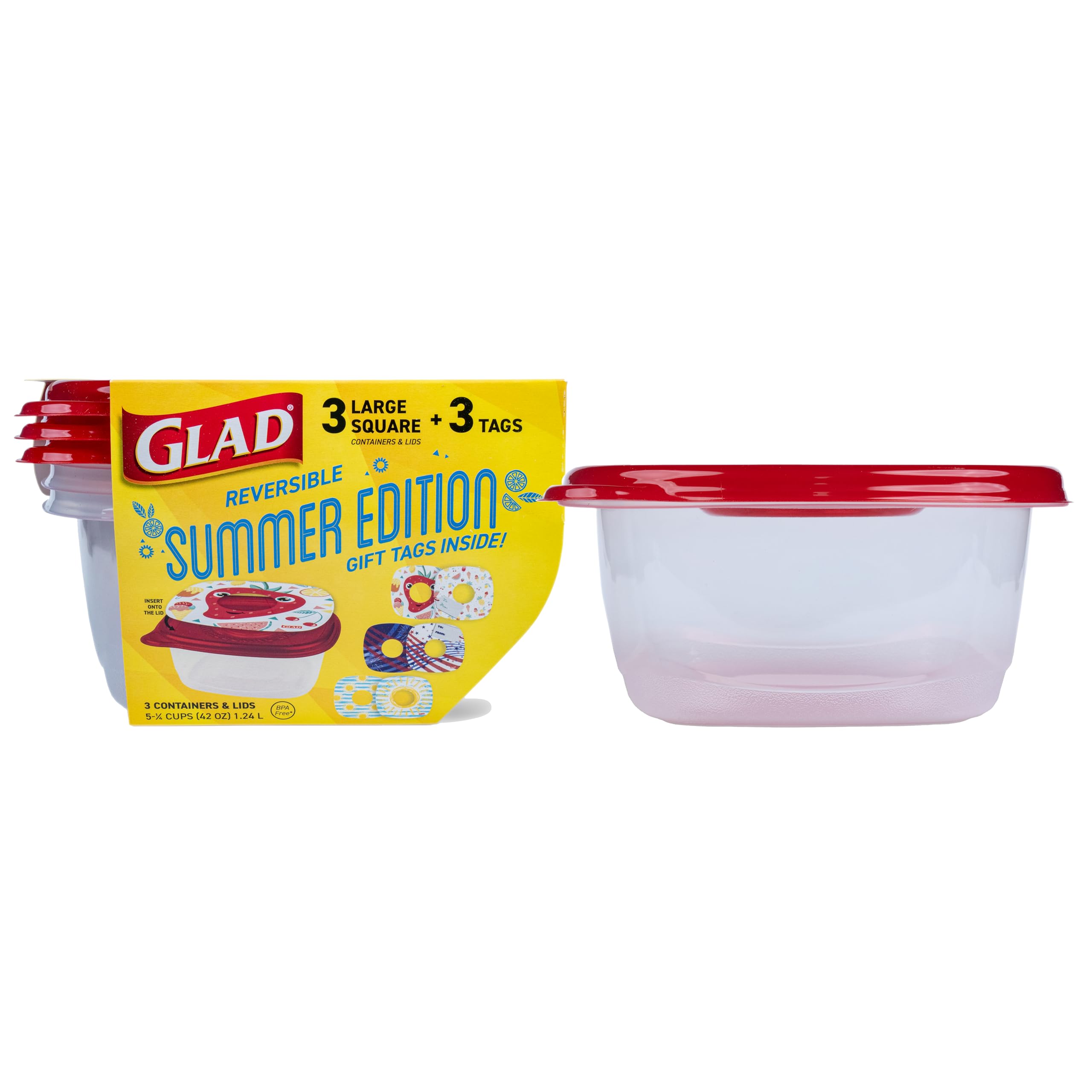 GladFood Storage Containers, GladWare Summer Edition with Reversible Lid Inserts – 3 Ct Large Square Containers & Lids, 42oz Microwave-Safe, Freezer-Safe, Dishwasher Safe