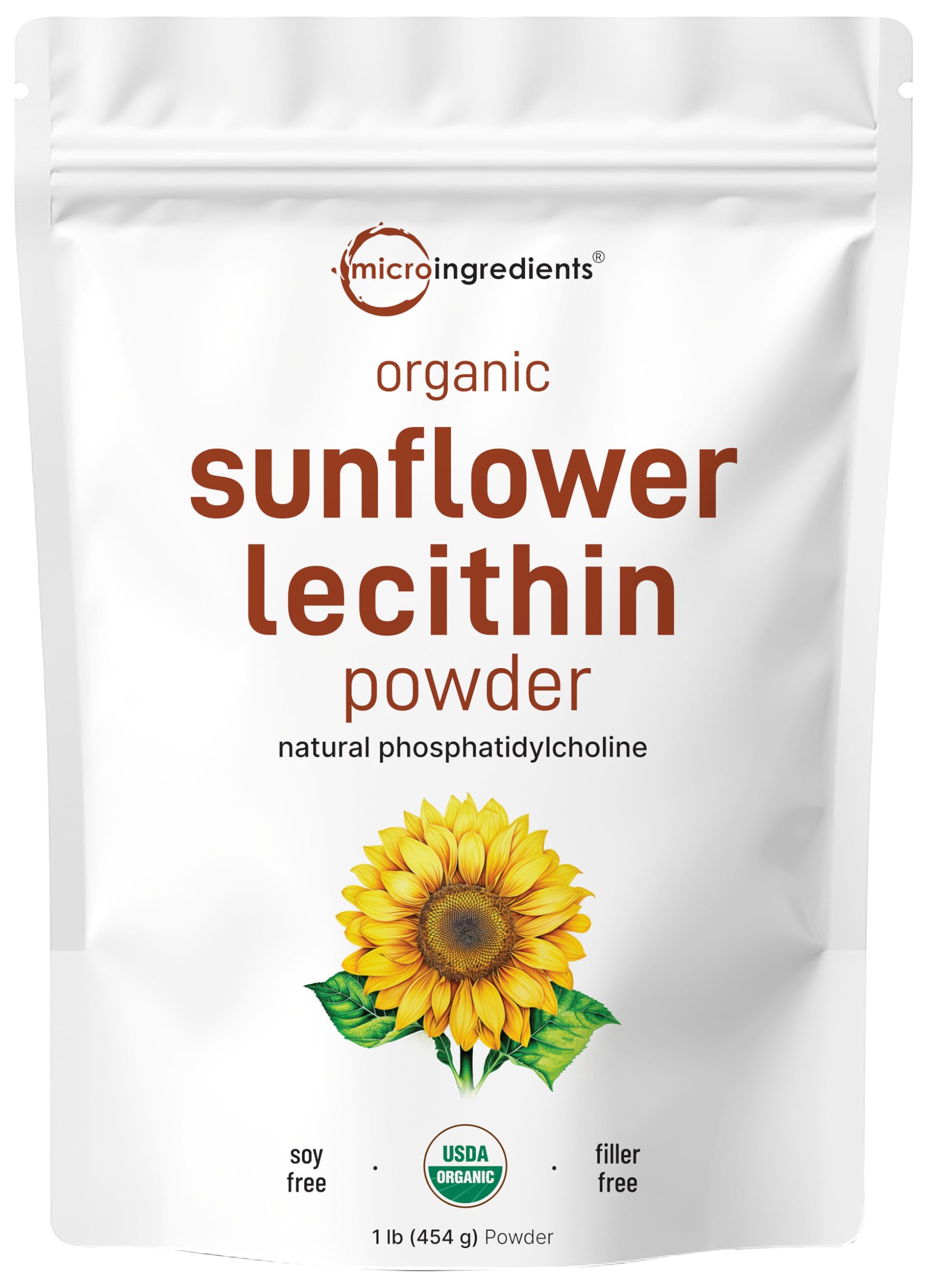 US Grown Organic Sunflower Lecithin Powder, 1 Pound (454g), Sustainable Farmed, Cold Pressed, Rich in Phosphatidyl Choline and Protein for Immune System Booster, No Soy, No GMOs and Vegan Friendly