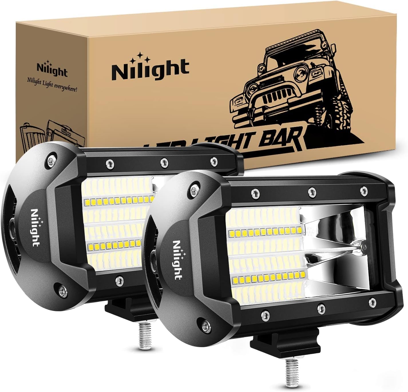 Nilight18001F-B 2PCS 5Inch 72W Double Row Flood Bar 10800Lumens Driving Fog Led Off Road Lights for Trucks Jeep ATV UTV SUV Boat Marine,2 Years Warranty