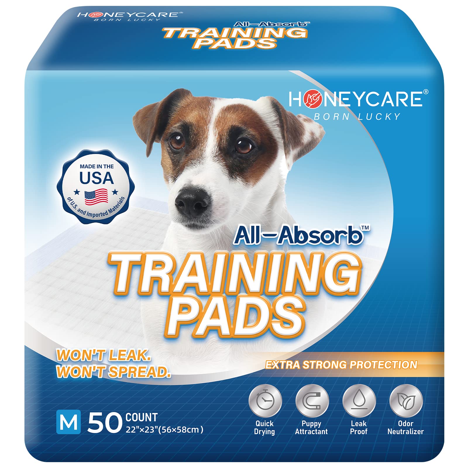 Honey Care All-Absorb Puppy Training Pads Made in The USA! Ultra Absorbent and Odor Eliminating, Leak-Proof 5-Layer Potty Training Pads 22"x23" with Quick-Dry Surface