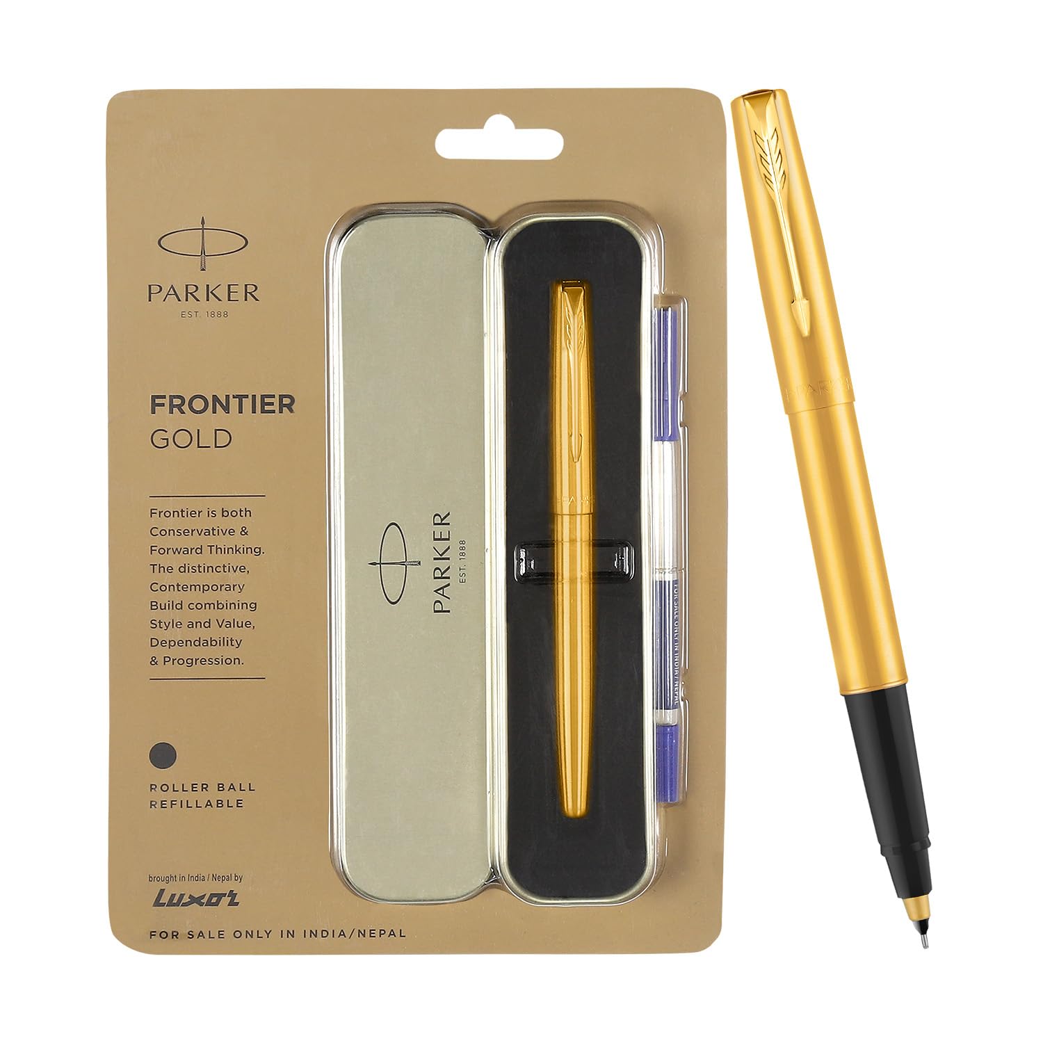 Parker Frontier Gold Roller Ball Pen| Ink Color - Blue | Perfect For Professional Use | Elite Pen For Corporate Purposes