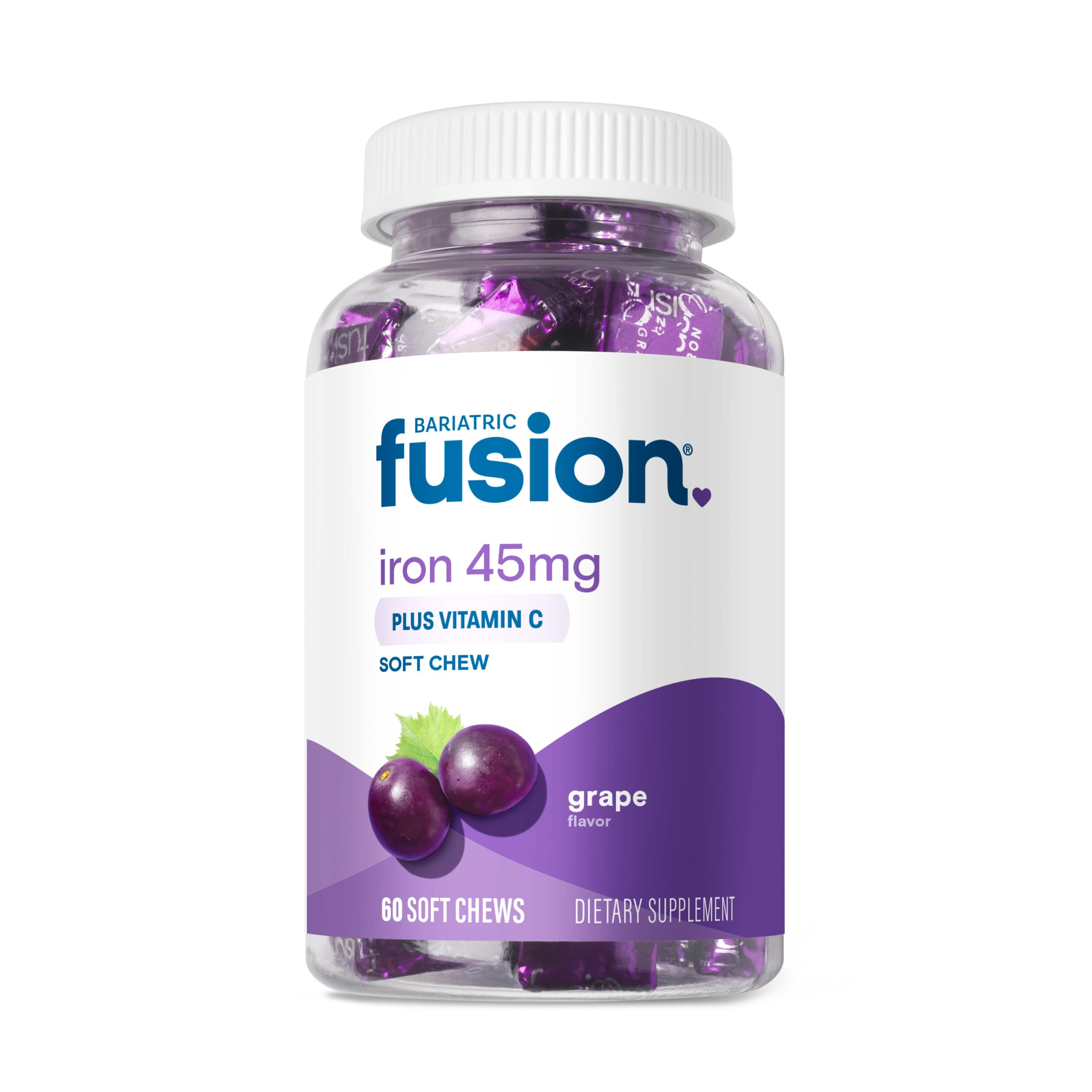 Bariatric Fusion Iron Soft Chew with Vitamin C | Grape Flavored | Chewy Vitamin for Bariatric Patients | Gluten Free | Iron Supplement for Women and Men | 60 Count | 2 Month Supply