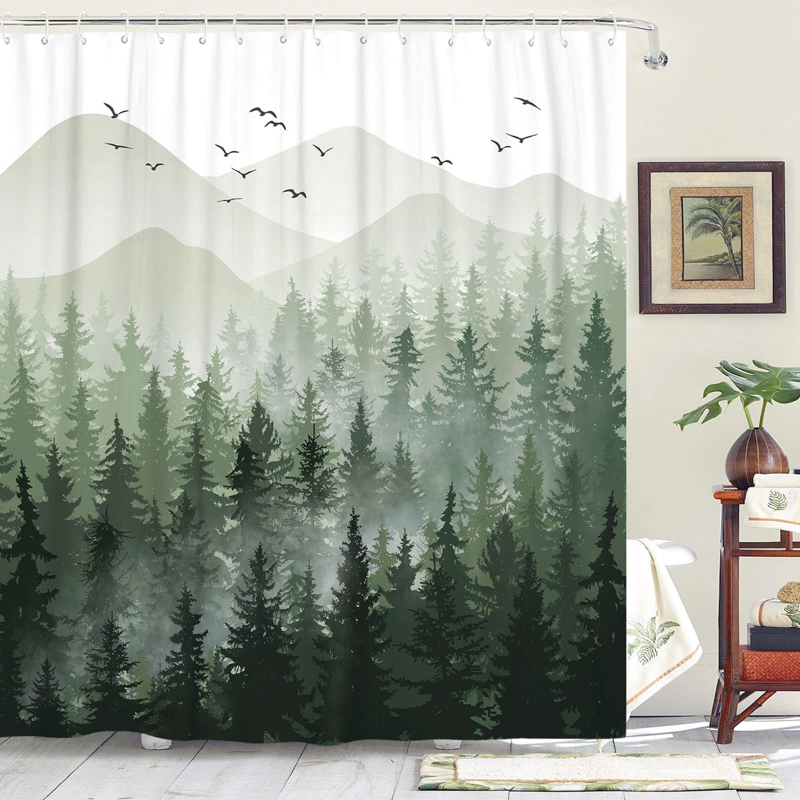 AccniccGreen Misty Forest Shower Curtain Set Ombre Sage Green White Waterproof Fabric Shower Curtains Nature Tree Mountain Woodland Decorative Bathroom Bath Curtain Decor (72'' × 72'', Green)