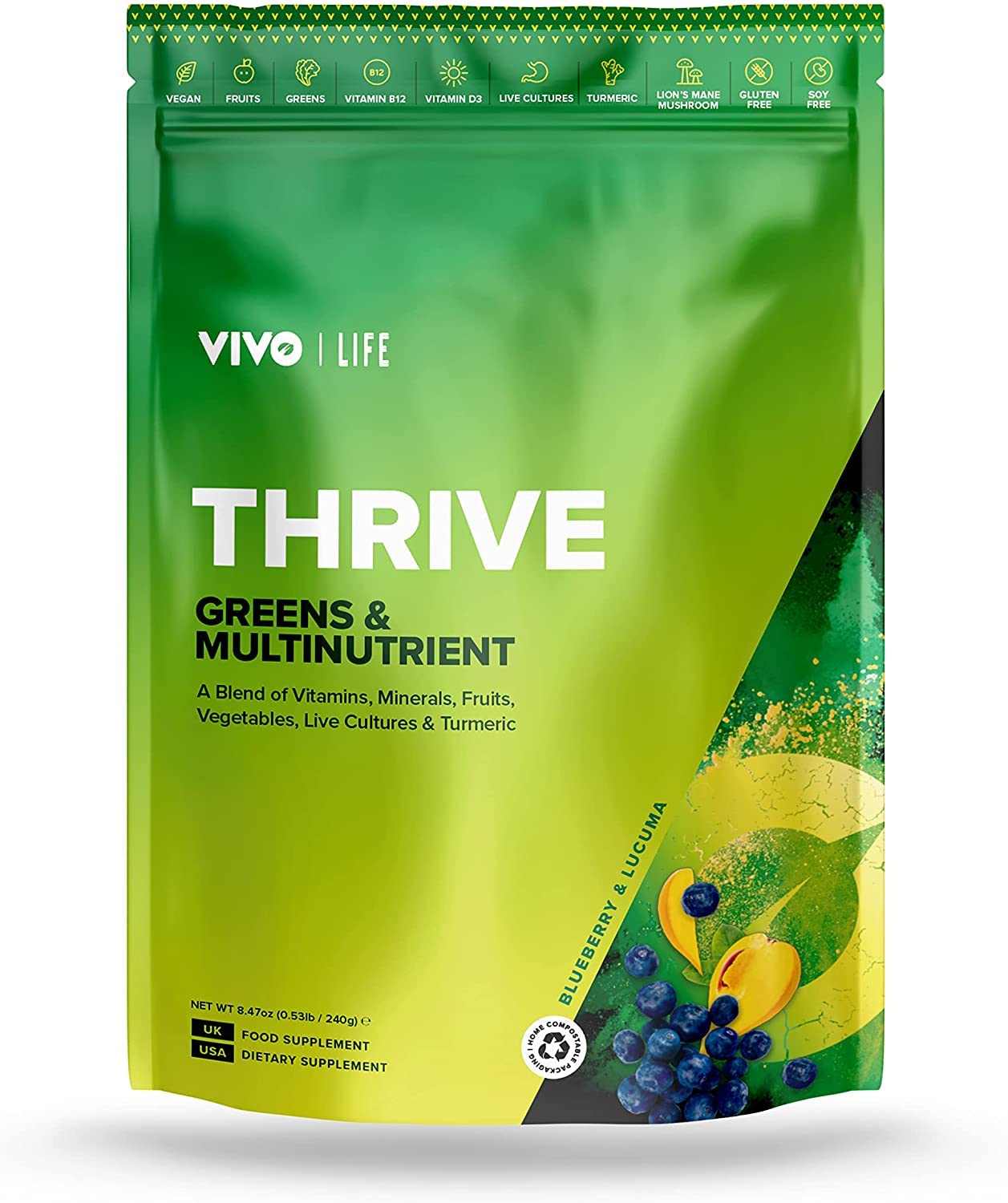 Vivo life - Supergreens, Vegan Superfood with Vitamins, Minerals, Live Cultures, Fruits & Greens, 30 Servings - 240g (Blueberry & Lucuma)