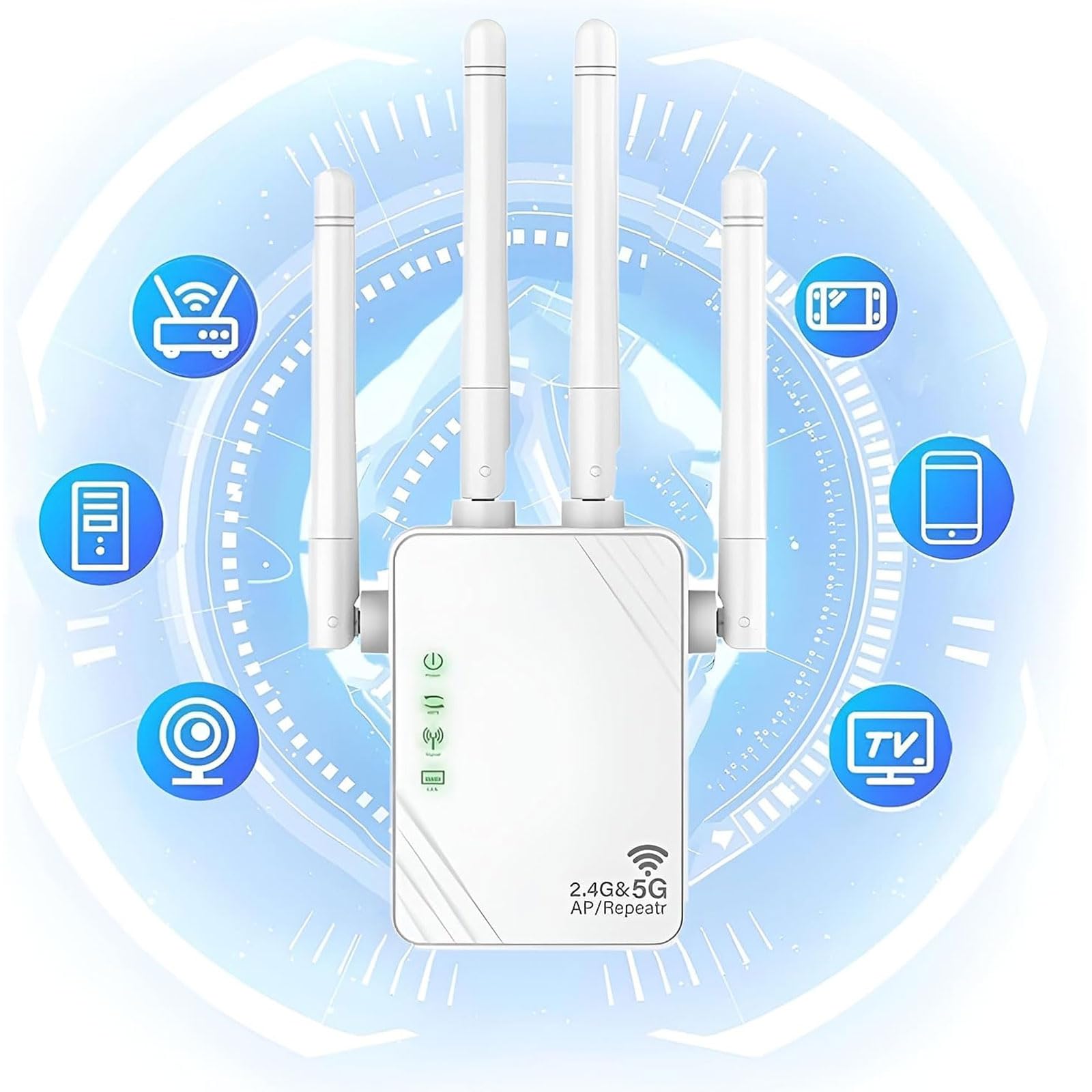 AnnuoYi WiFi Extender,WiFi Repeater, 1200Mbps Booster Amplifier 2.4&5GHz Dual Band (8500sq.ft), 4 Antennas 360° Full Coverage Dual Band Signal Strong Penetrability, Supports Ethernet Port&AP Mode