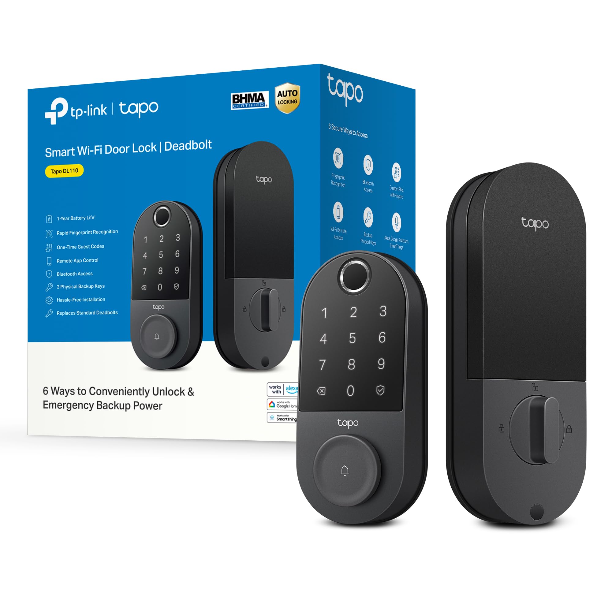 TP-Link Tapo Smart Door Lock, Deadbolt | Keyless Entry, Fingerprint Recognition, Touchscreen Keypad & in-App Monitoring with Scheduled Access | 1-Year Rechargeable Battery | BHMA Grade 2 | Tapo DL110