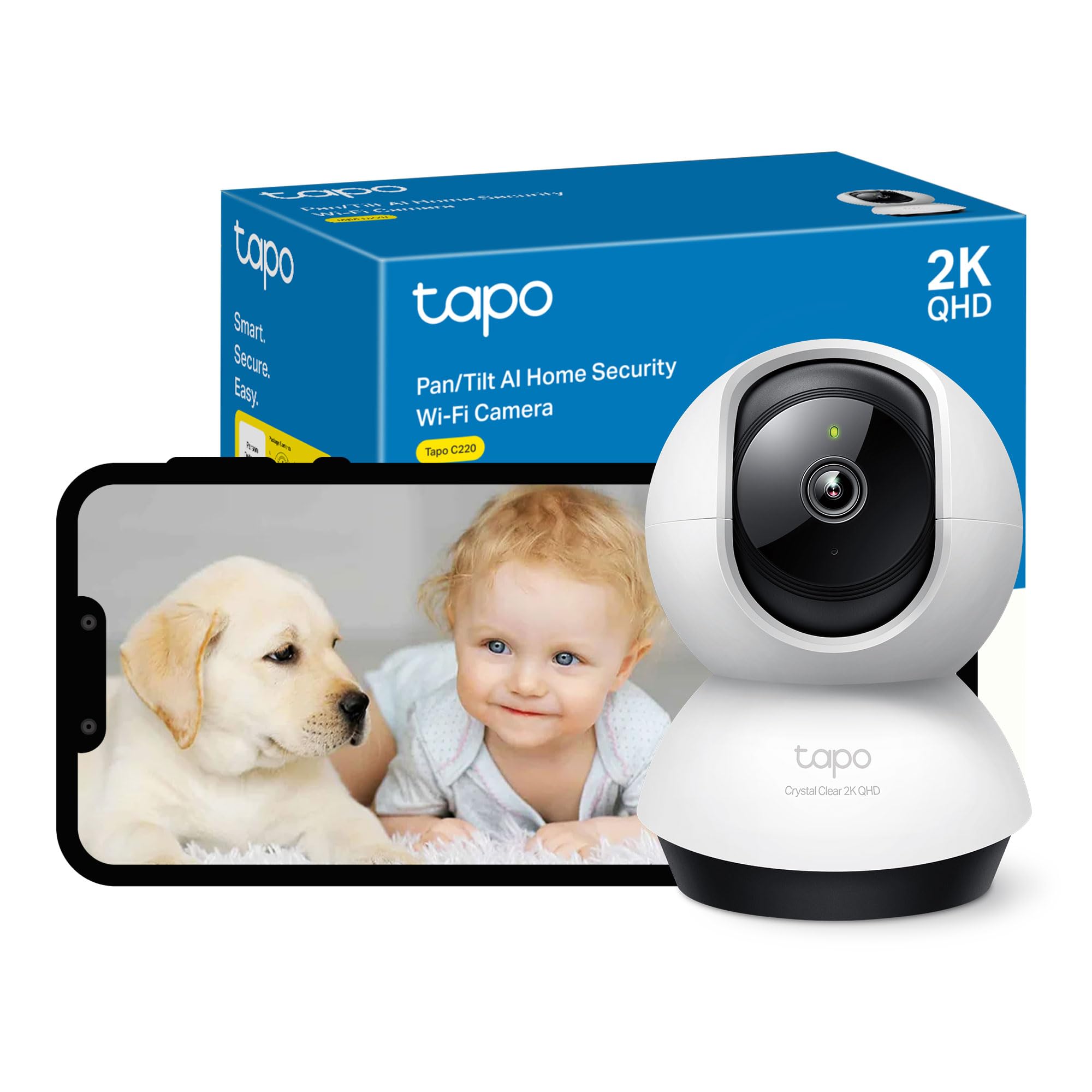 Tapo2K QHD Indoor Camera , Pan/Tilt WiFi Security Camera, AI Detection CCTV Camera,360° Visual Coverage,Night Vision,Customizable privacy Mode,Cloud &Local Storage,Works with Alexa&Google (Tapo C220)