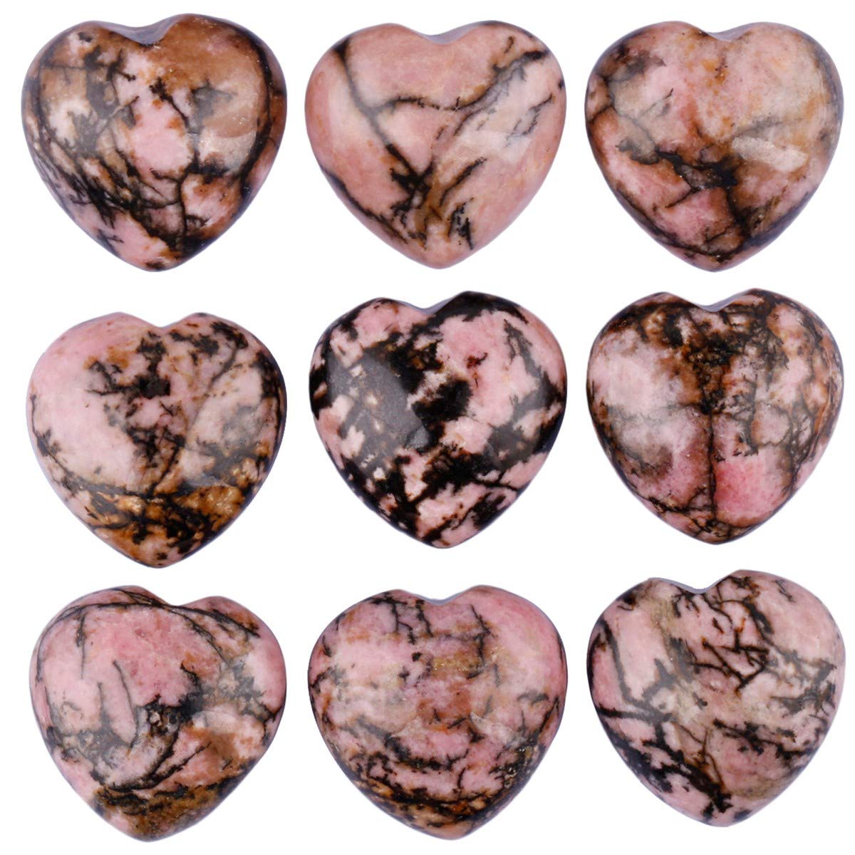 SUNYIK Carved Gemstone Puffy Heart Pocket Stone, Healing Crystal Chakra Reiki, Rhodonite, 1", Pack of 5