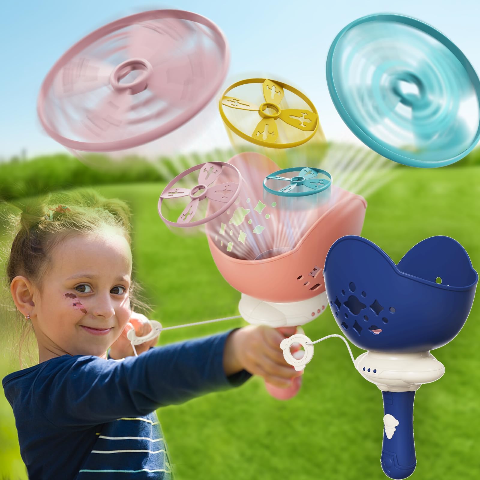 2Pcs Flying Disc Launcher Toy - Handheld Flying Disc Catching Game, Hand-Thrown Pull Line Ejection Bamboo Dragonfly Toy, 2 Launchers & 8 Flying Saucers, Fun Outdoor Educational Games for Kids 3-8