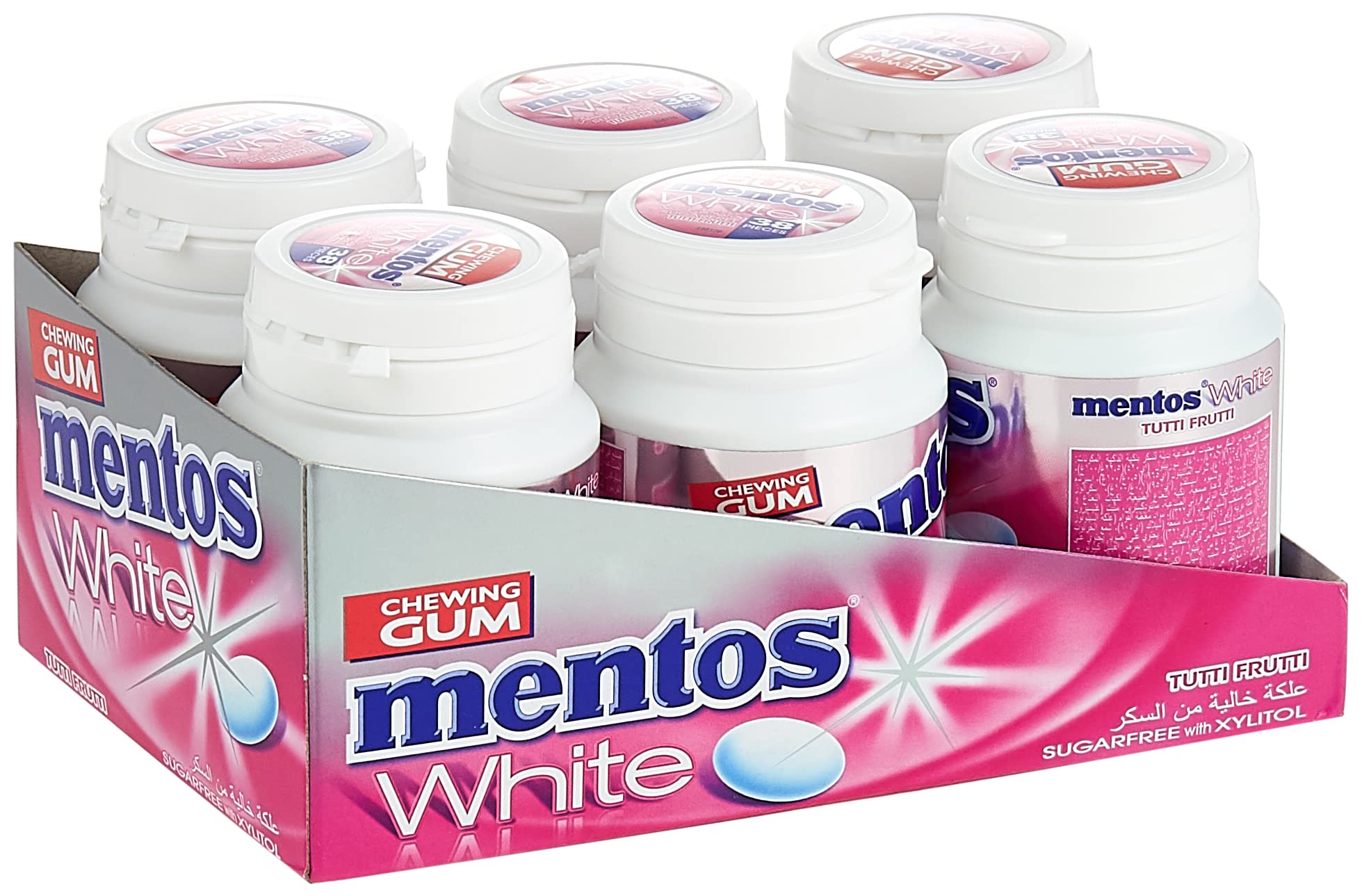 Mentos White Chewing Gum - Tutti Fruitti Flavour - Sugar Free - Great For Long-Lasting Freshness - 38-Piece Bottles (Multipack Of 6 Bottles)