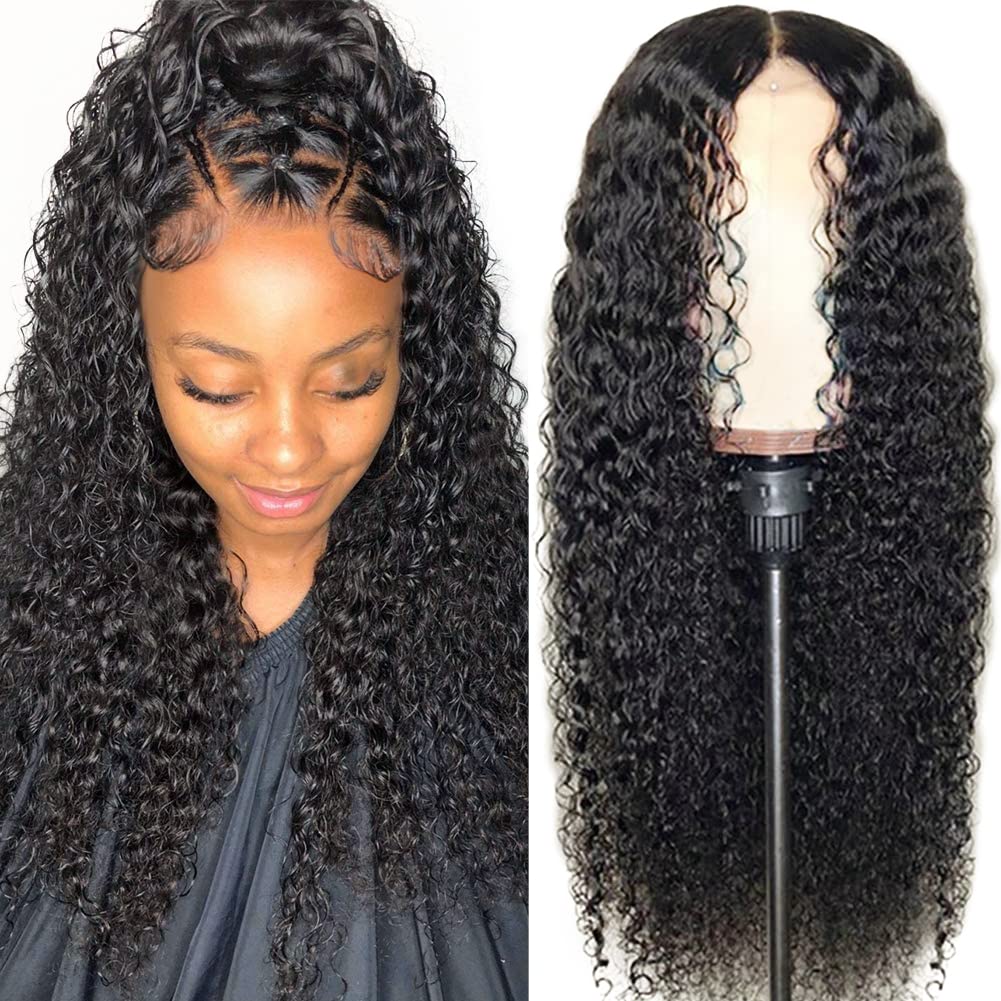 CYNOSURE 13x4 Lace Front Wigs Human Hair Pre Plucked 180% Density Brazilian Kinky Curly Frontal Wig with Baby 9A Natural Black for Women(16, Wigs)