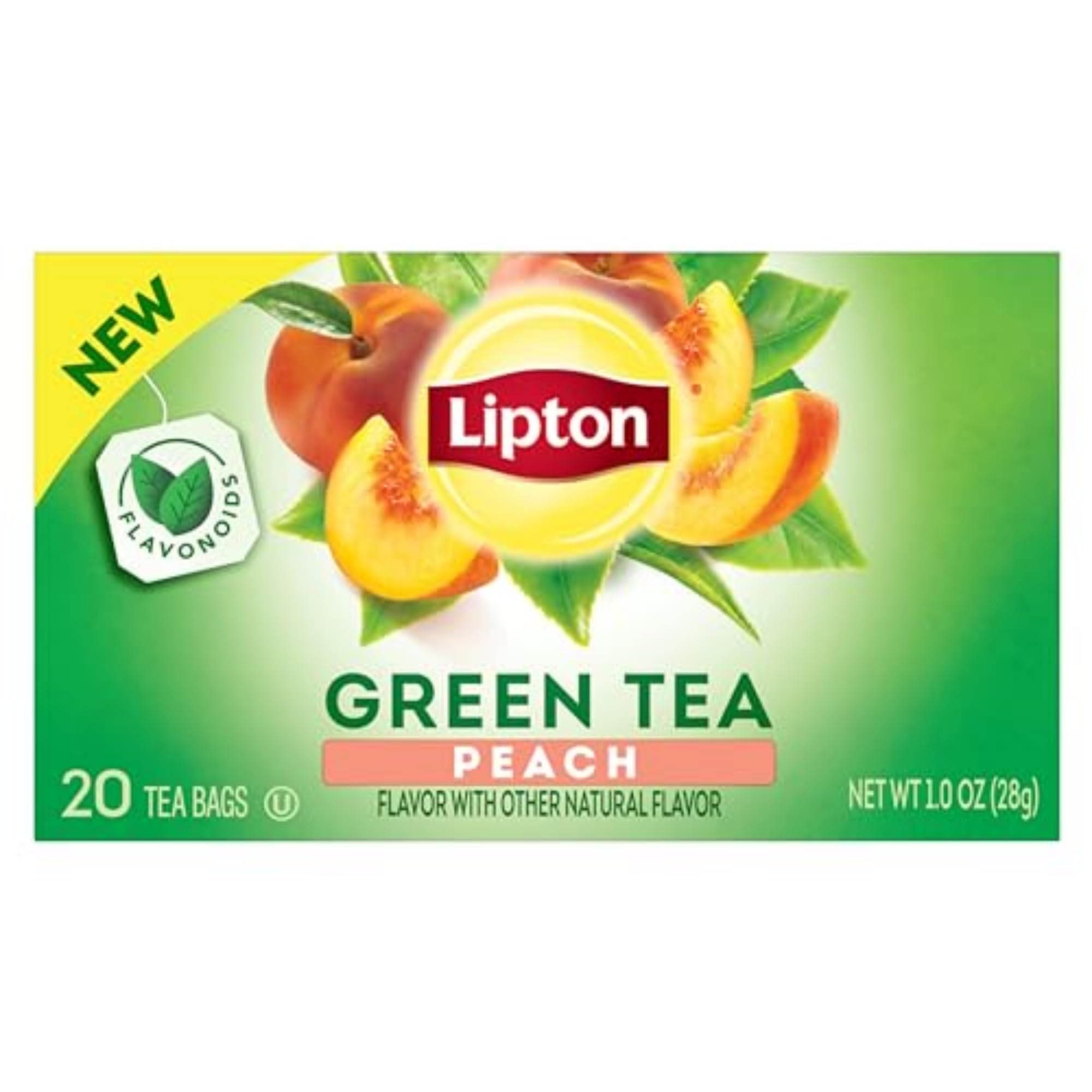 LiptonPeach Green Tea Bags, Flavored, Unsweetened Teabags for Hot Tea or Peach Iced Tea with Caffeine and Flavonoids, 20 Total Tea Bags