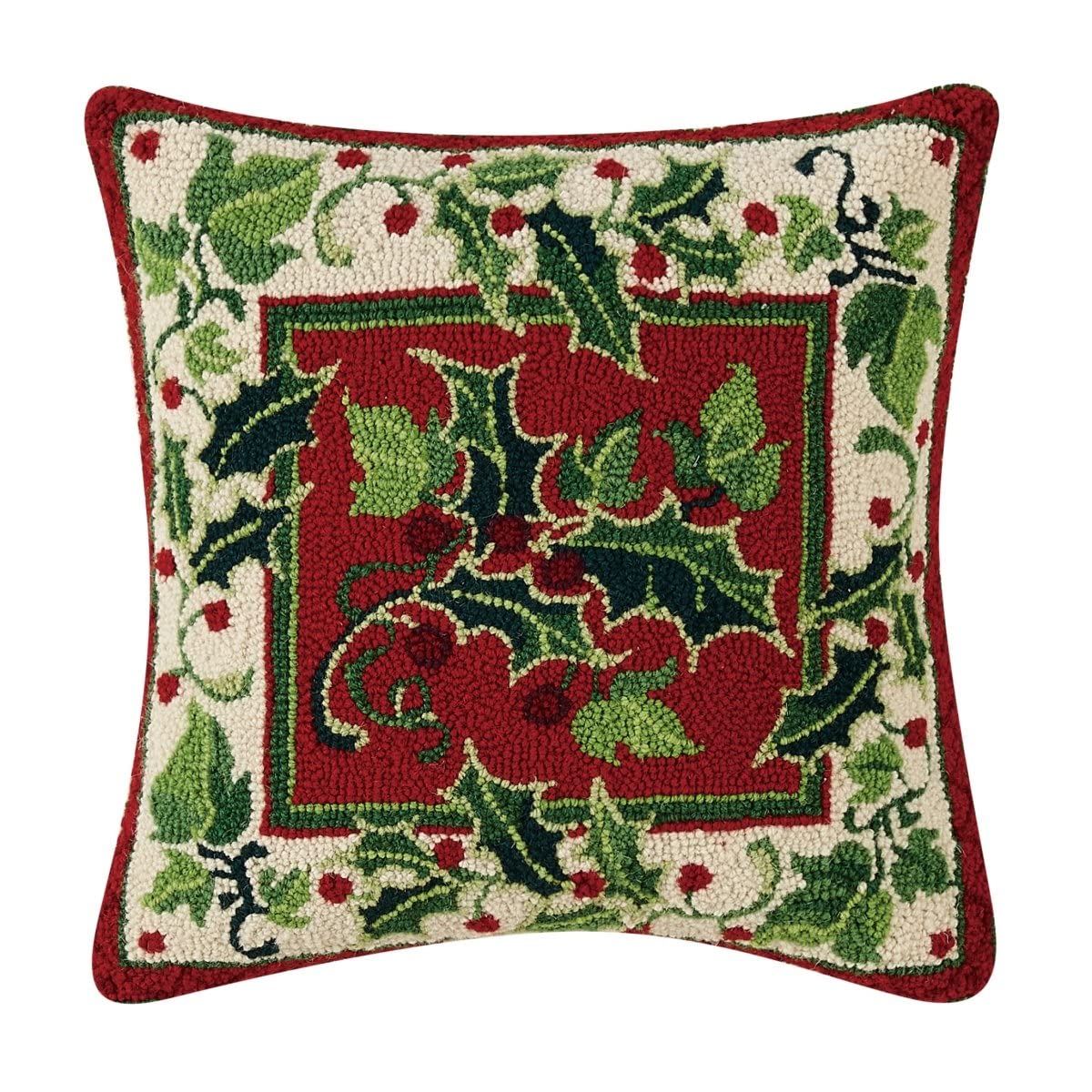 Peking Handicraft 31SERX409C18SQ Holly and Ivy Hook Pillow, Poly Filled, 18-inch Square, Wool and Cotton