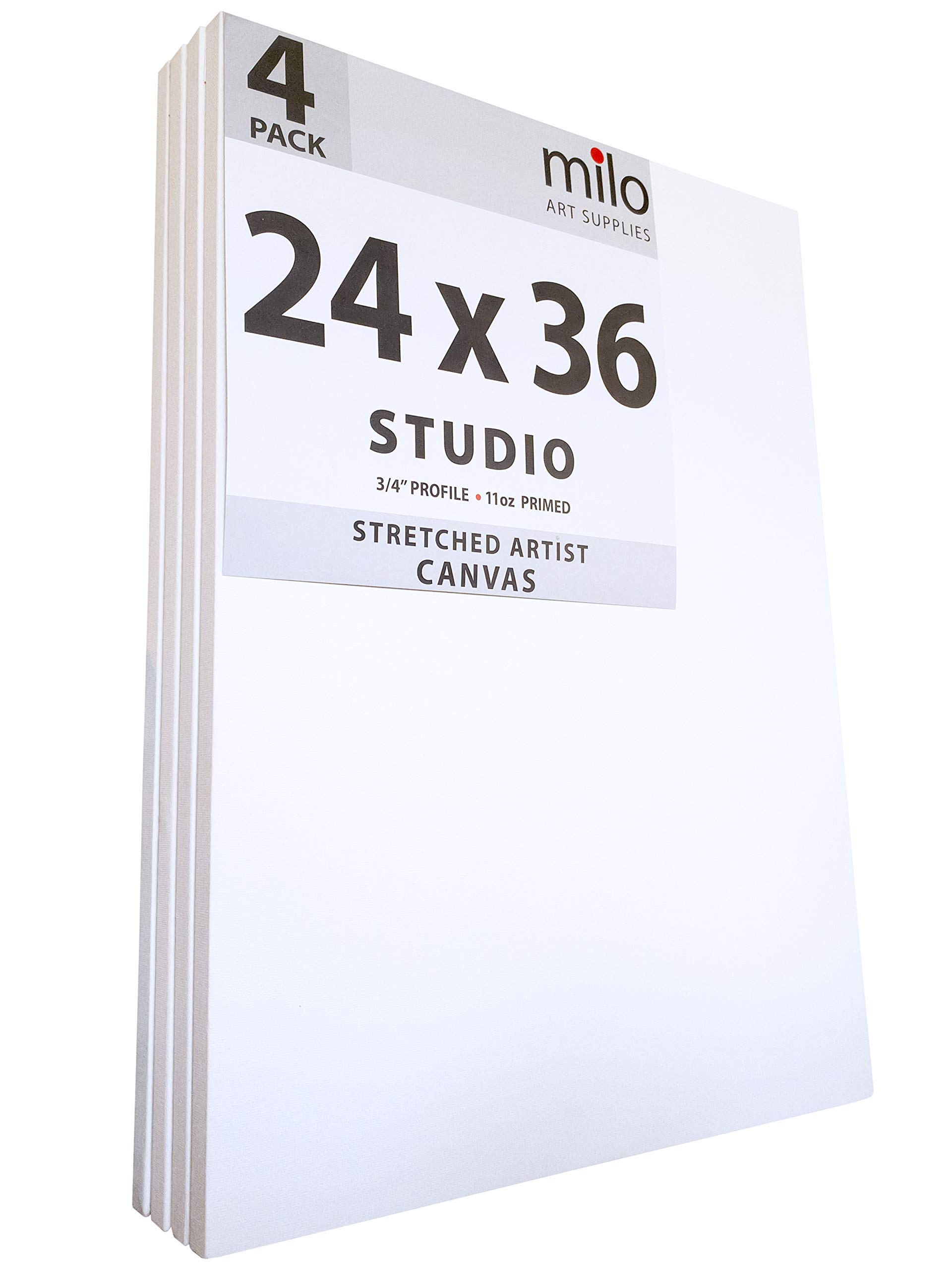 milo Stretched Artist Canvas | 24x36 inches | 4 Pack | 3/4” inch Thick Studio Profile | 11 oz Primed Large Canvases for Painting, Ready to Paint Art Supplies for Acrylic, Oil, Mixed Media