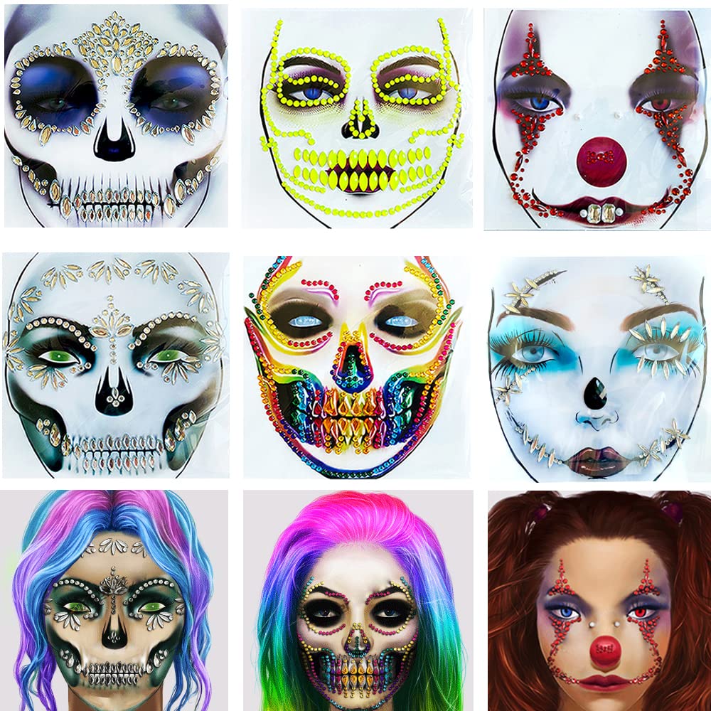 Day of the Dead Face Tattoo Sticker, Skeleton Face Jewels, Catrina Clown Face Jewels Tattoo,Rhinestone Pennywise Face Tattoos Halloween Face Stickers for Women,6-Pack