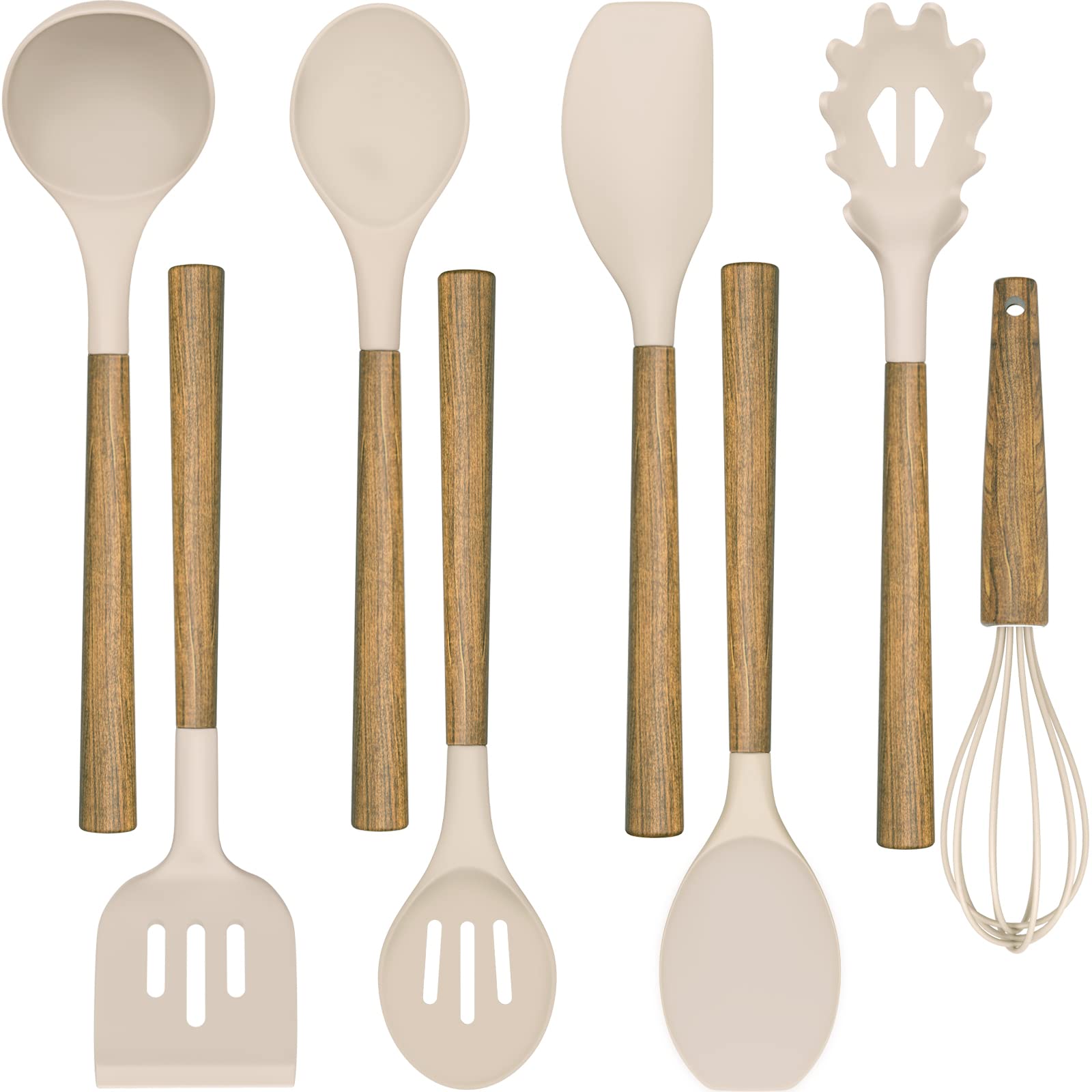 Silicone Cooking Utensil Set,Umite Chef 8-Piece Kitchen Utensils Set with Natural Acacia Wooden Handles,Food-Grade Silicone Heads-Silicone Kitchen Gadgets and Spatula Set for Nonstick Cookware - Khaki