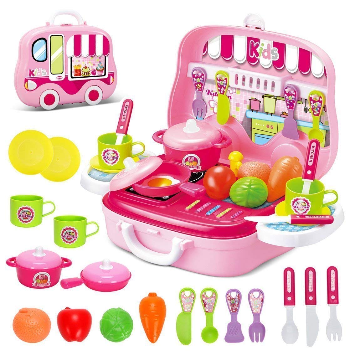 Sky Tech® Kitchen Set Toy Pretend Play Toys Food for Kids, Little Chef Kitchen Set for Kids in Chef Carry case - Role Play Fun Toys for Girls & Boys (Kitchen Set with Wheel)