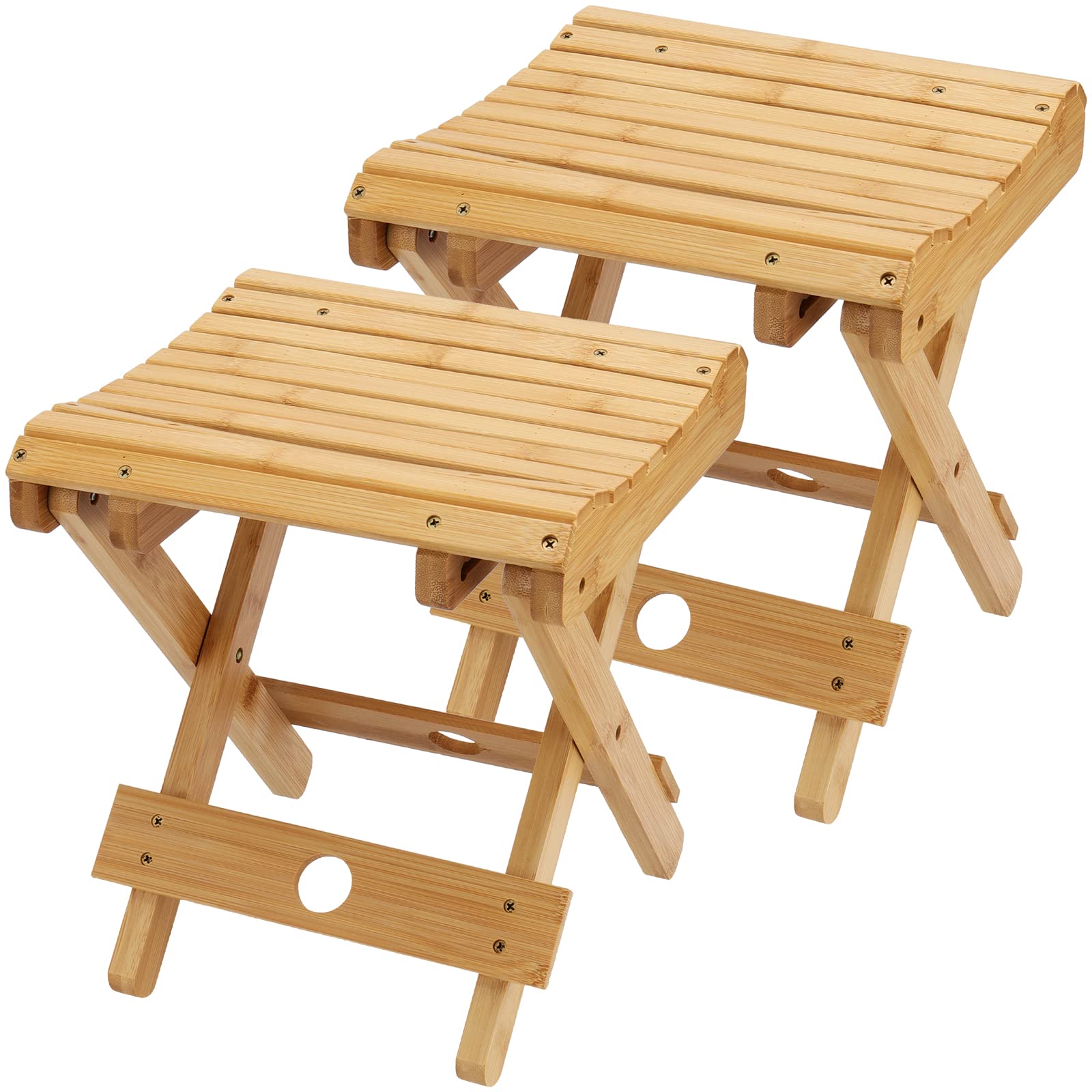 SINJEUN 2 Pack 12 Inch Natural Bamboo Folding Step Stool Bench for Bathroom, Spa, Sauna, Wooden Seat, Shower Bench Stool, Easy Assembled