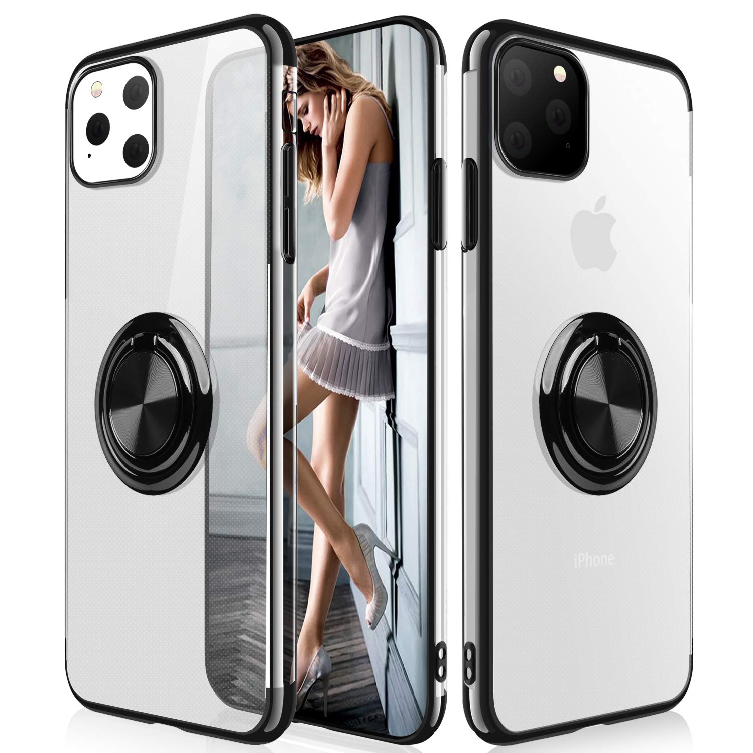 WATACHE Clear Crystal Ultra Slim Soft TPU Electroplated Frame Case Cover with Built-in 360 Rotatable Ring Kickstand for Apple iPhone 11 Pro Max Black APG0211